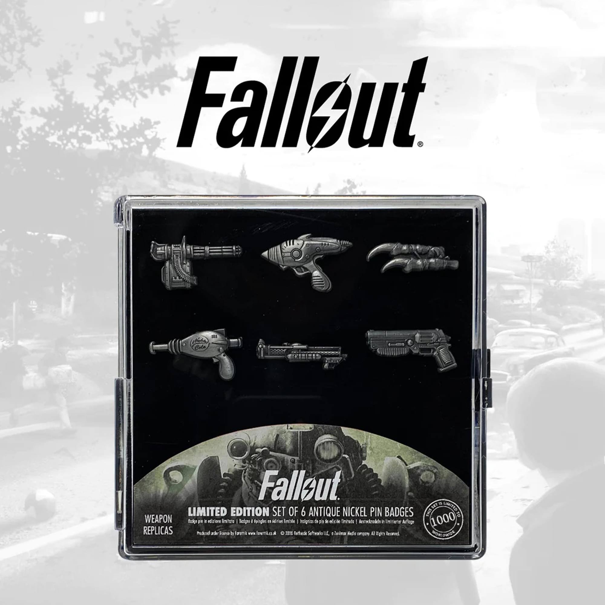 Fallout  
LIMITED EDITION SET OF 6 ANTIQUE NICKEL PIN BADGES  
WEAPON REPLICA  
1000 REPLICAS  
Produced under license by Paramount Pictures. © 2020 Bethesda Softworks, LLC. All Rights Reserved.