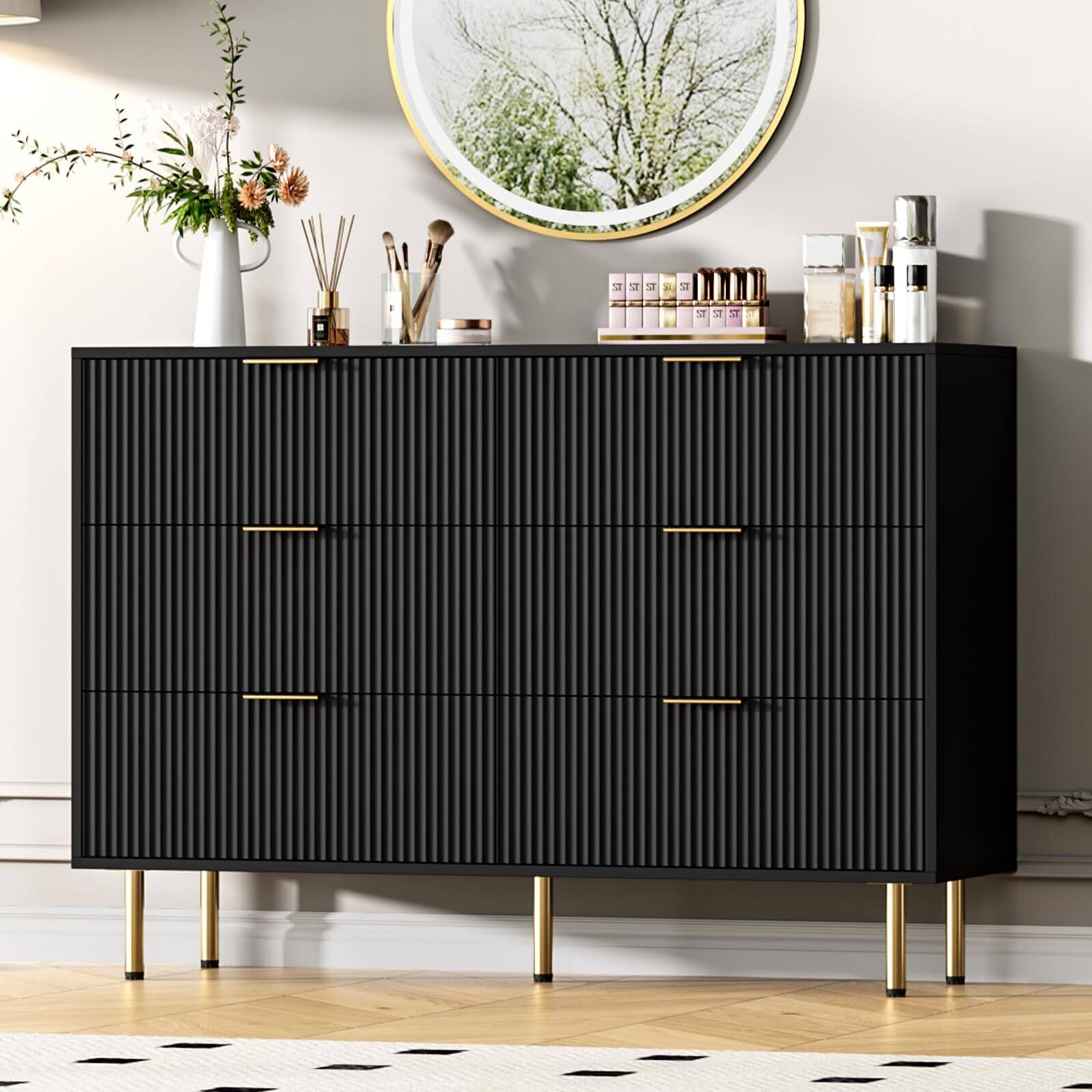 Front. Jojoka - 6 Drawers Dresser for Bedroom,Fluted Dresser Chest of Drawers - Black.
