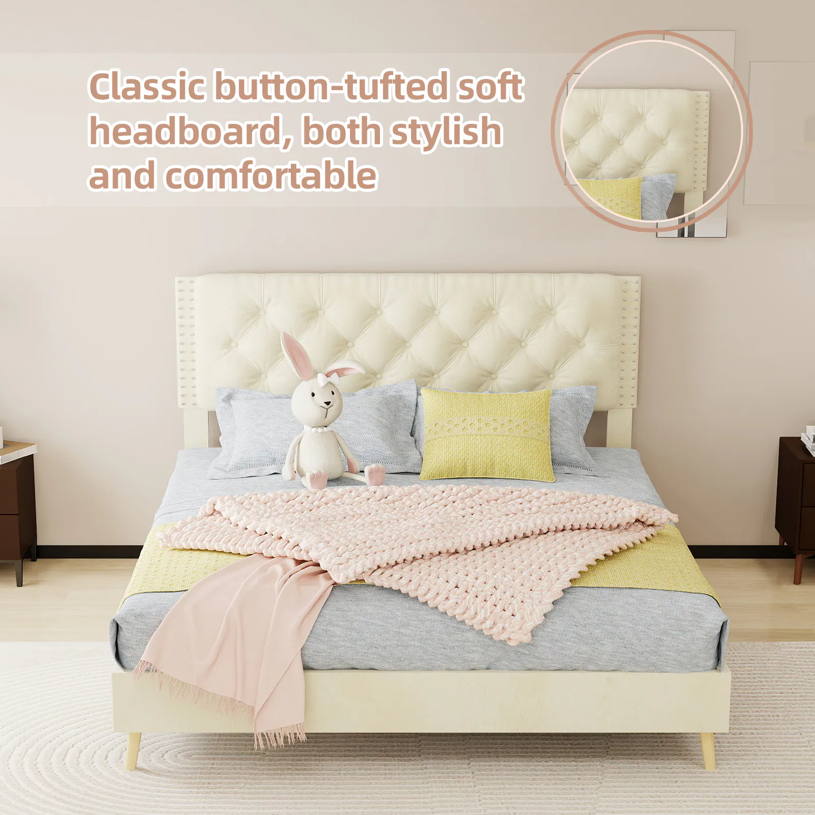 Classic button-tufted soft headboard, both stylish and comfortable