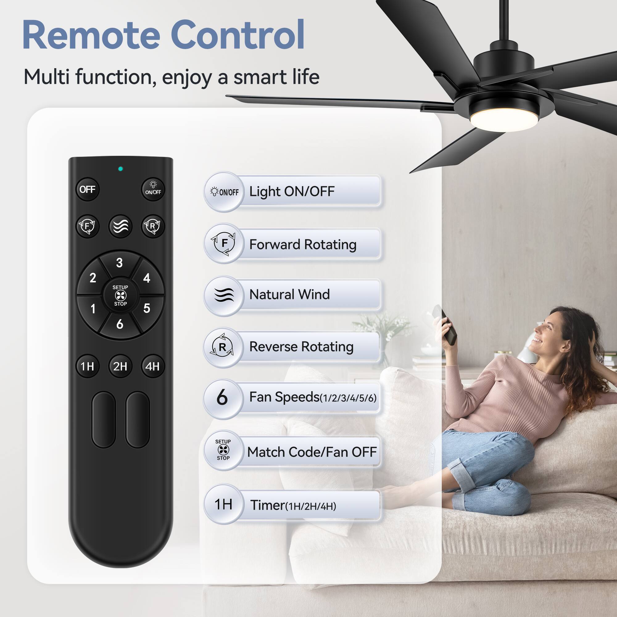 Remote Control, Multi function, enjoy a smart life

OFF
ON/OFF
Light ON/OFF
F
2
1
1H
3
SETUP
STOP
6
2H
R
4
5
4H
F
R
Forward Rotating
Natural Wind
Reverse Rotating
6
Fan Speeds(1/2/3/4/5/6)
SETUP
STOP
Match Code/Fan OFF
1H
Timer(1H/2H/4H)