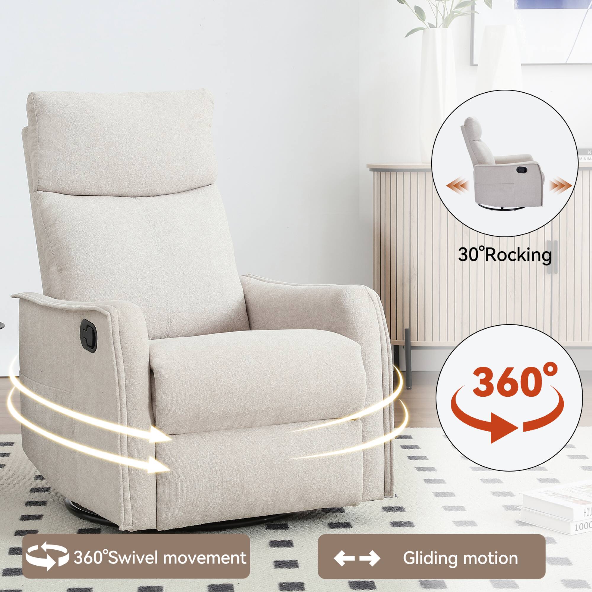 - 30° Rocking
- 360° Swivel movement
- Gliding motion