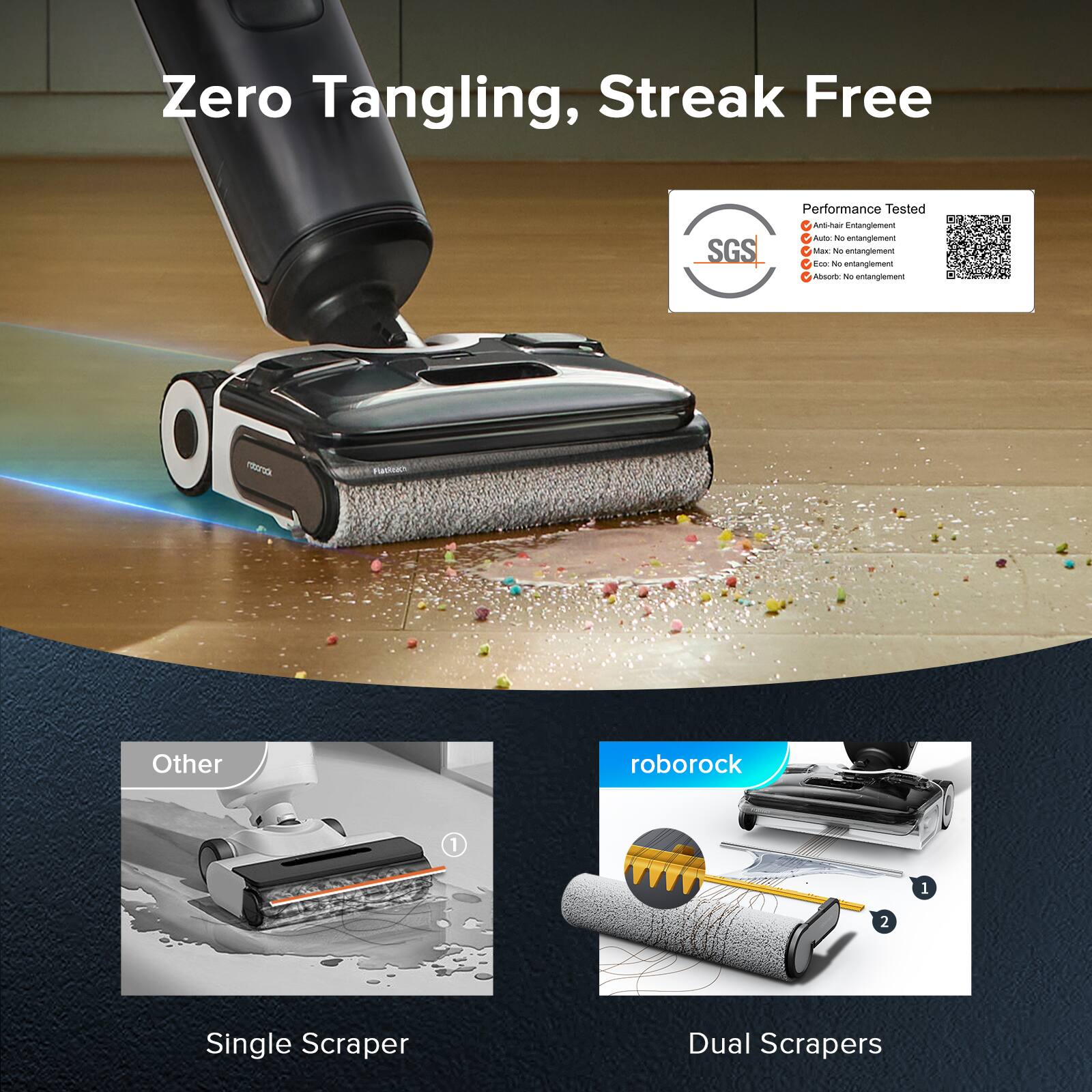 The image features a robotic vacuum cleaner with a single scraper and a dual scraper. The vacuum cleaner is designed to provide Zero Tangling, Streak Free performance, as evidenced by the SGS Performance Tested logo. The image also showcases the vacuum cleaner's ability to navigate through various surfaces, such as carpets and hardwood floors. The single scraper and dual scraper options cater to different cleaning needs and preferences.
