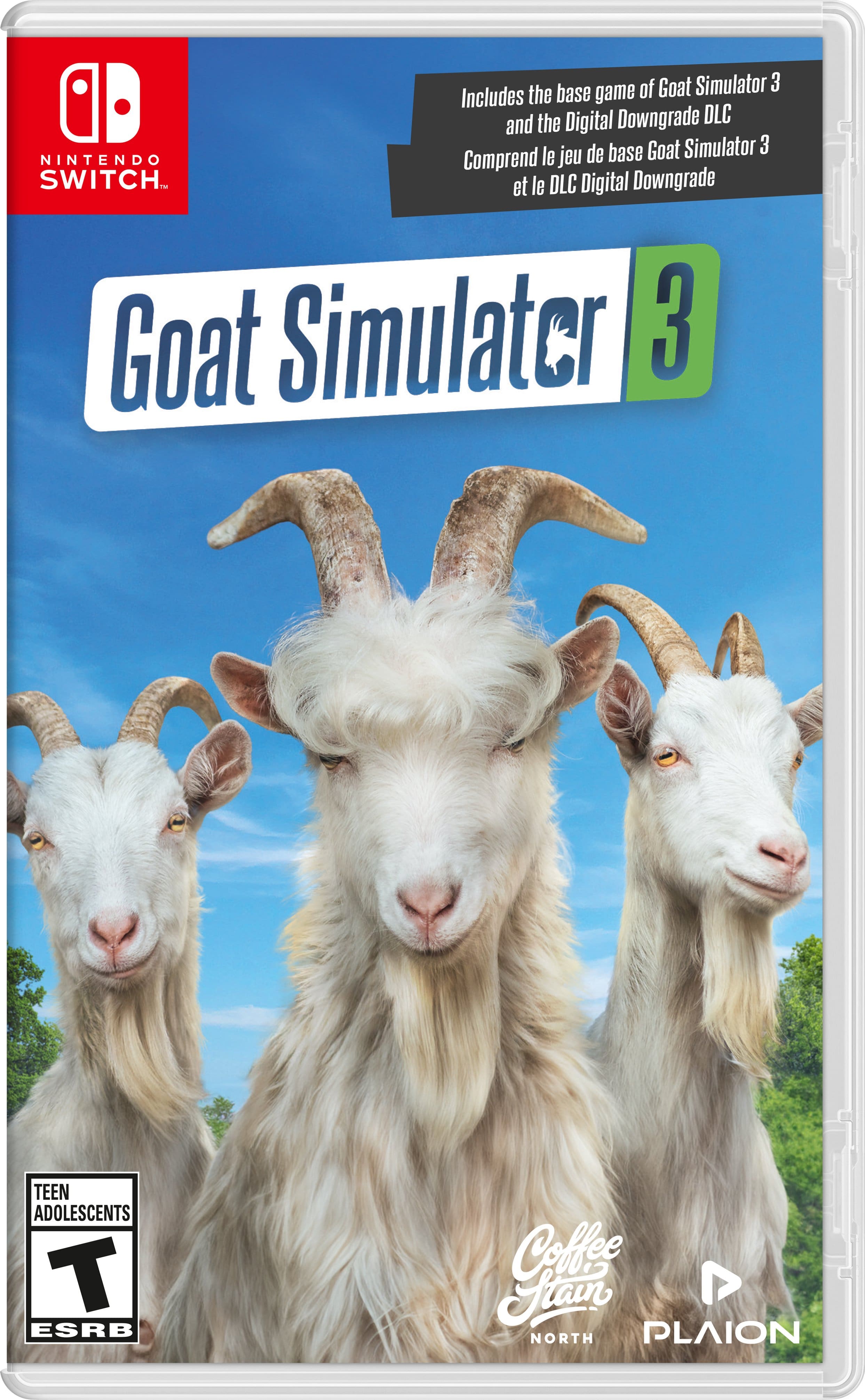 Goat Simulator 3 includes the base game, the Digital Downgrade DLC, and the base game for the Nintendo Switch. It is rated Teen for Adolescents and has an ESRB rating of Coffee Talk. The game is developed by North Pole Interactive.