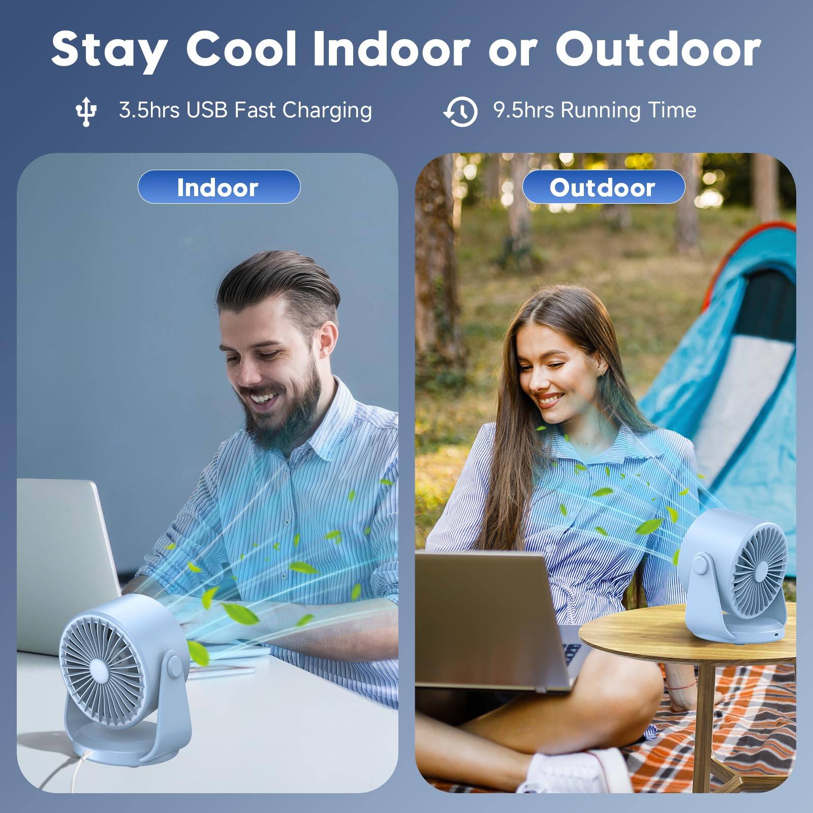 Stay Cool Indoor or Outdoor  
3.5hrs USB Fast Charging  
9.5hrs Running Time  
Indoor  
Outdoor