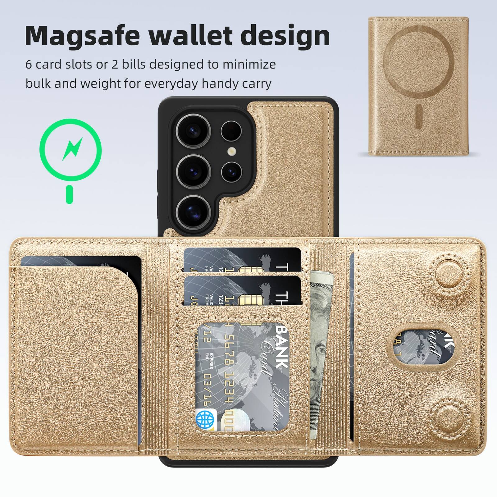 Magsafe wallet design  
6 card slots or 2 bills designed to minimize bulk and weight for everyday handy carry