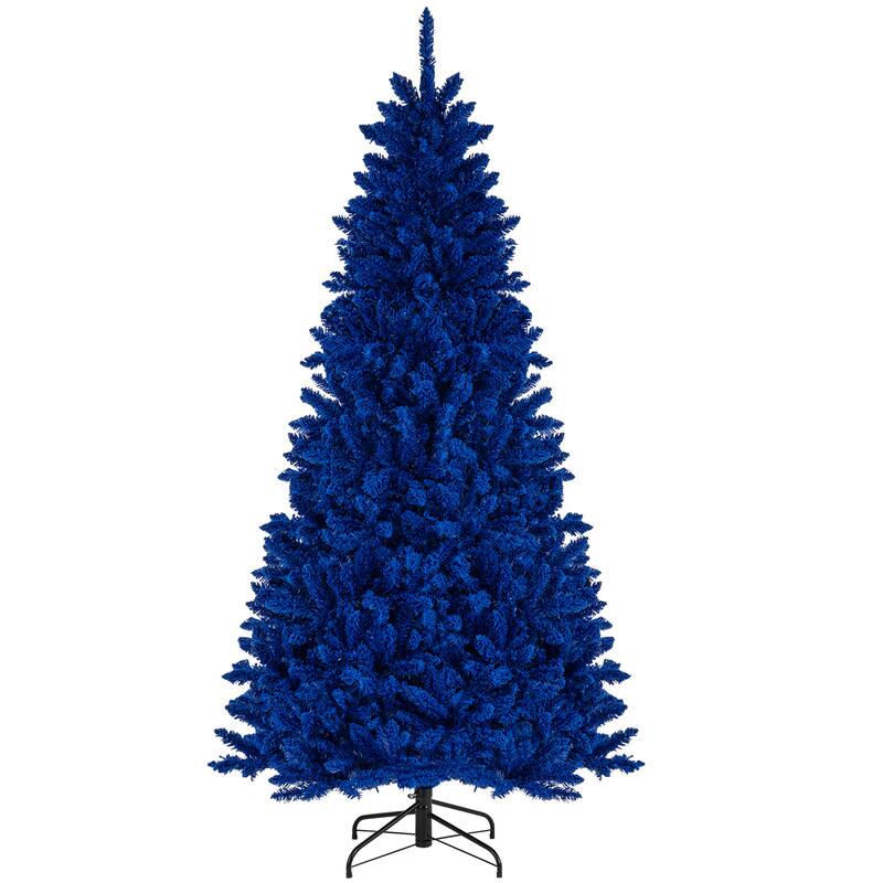 Angle. WELLFOR - 7 FT Pre‑Lit Christmas Tree, Blue Hinged Artificial Tree with 900 Branch Tips, 340 Blue LED Lights - Blue.