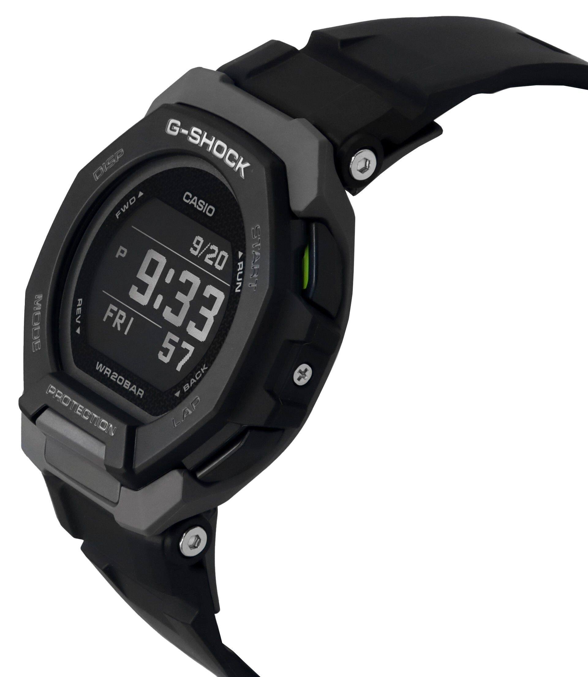 DISP G-SHOCK FWDA CASIO P 9/20 ARUN START MODE REV FRI 9:33 57 WR20BAR BACK A PROTECTION LAP +