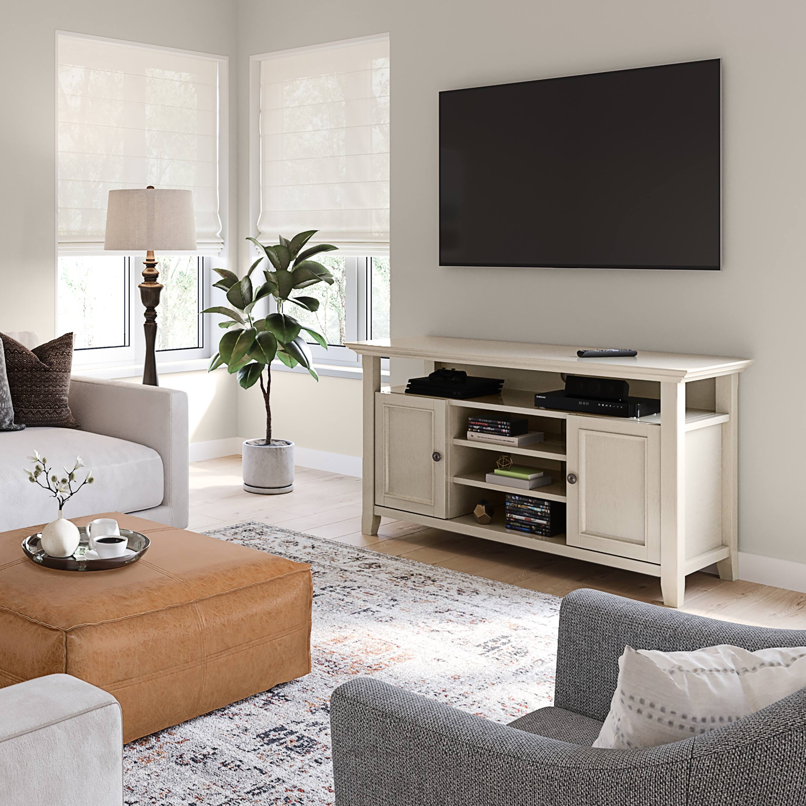 Angle. Simpli Home - Amherst 54 inch Wide Solid Wood Transitional TV Stand in Antique White - Antique White.