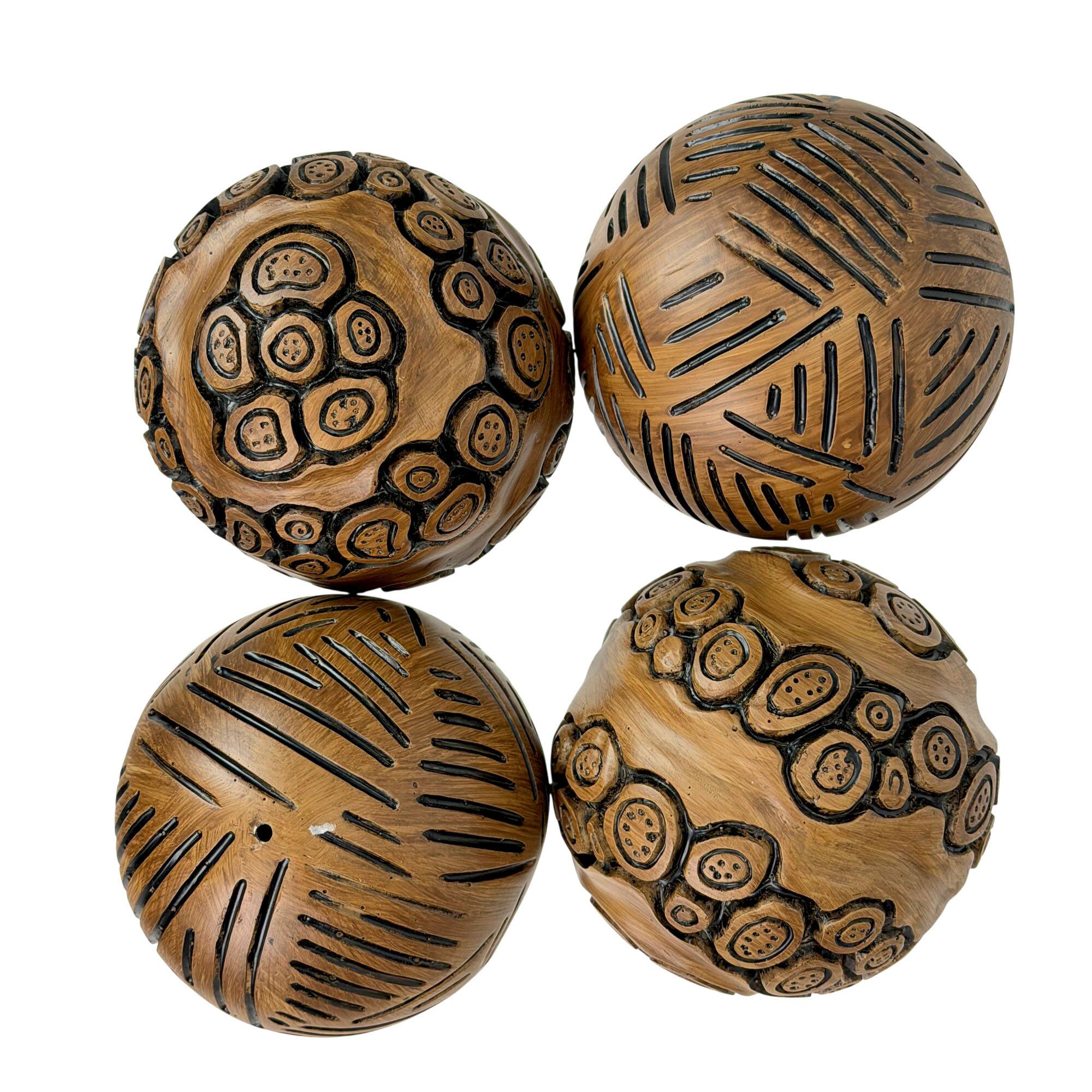Front. Things2Die4 - Set of 4 Brown Resin Decorative Orbs 4 in Distressed Geometric Sphere Decor - Brown.