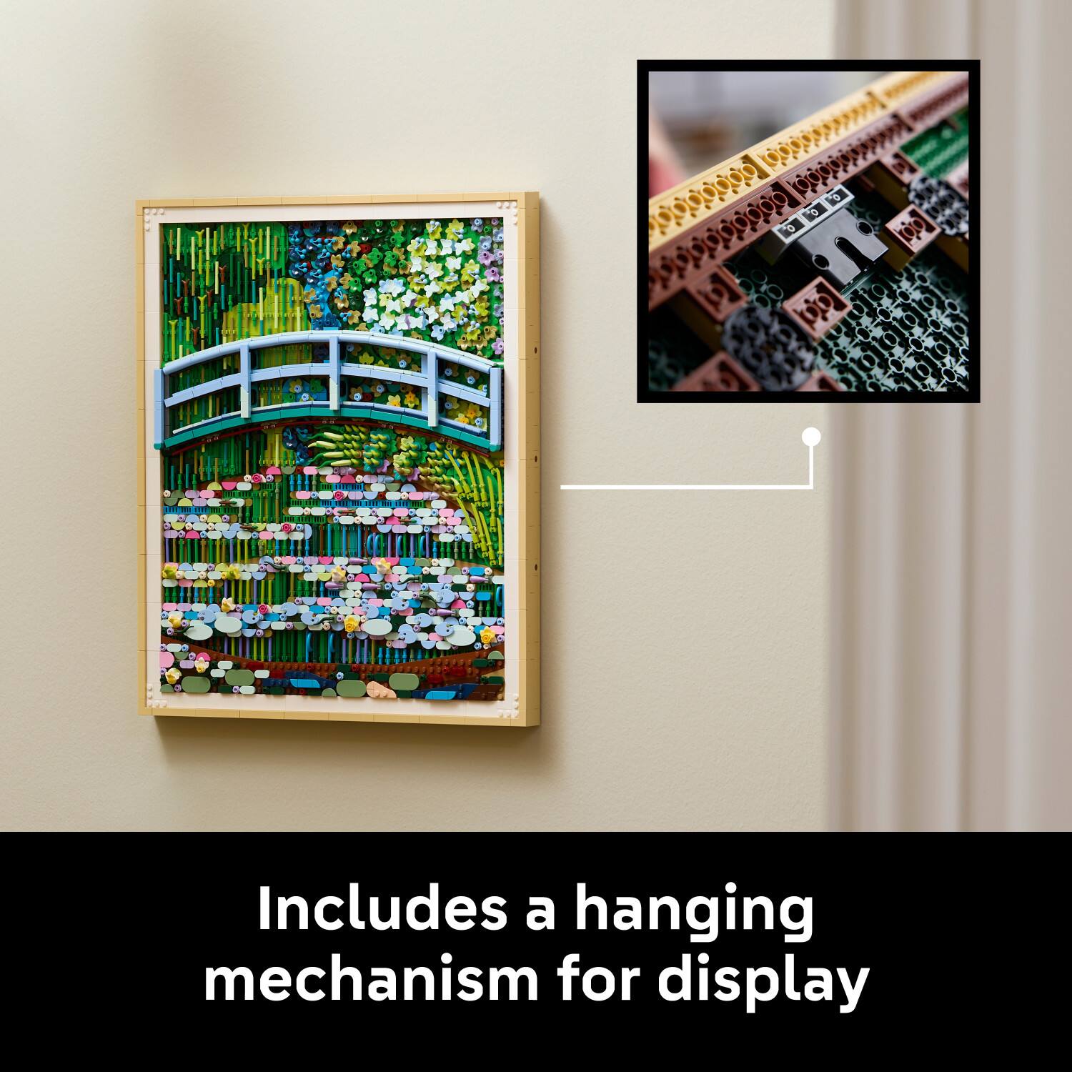Includes a hanging mechanism for display