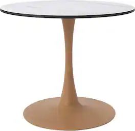 LeisureMod - Bristol 24 in. Round Dining Table – MDF Top with Natural Wood Steel Pedestal Base, Modern Accent Kitchen Table - White