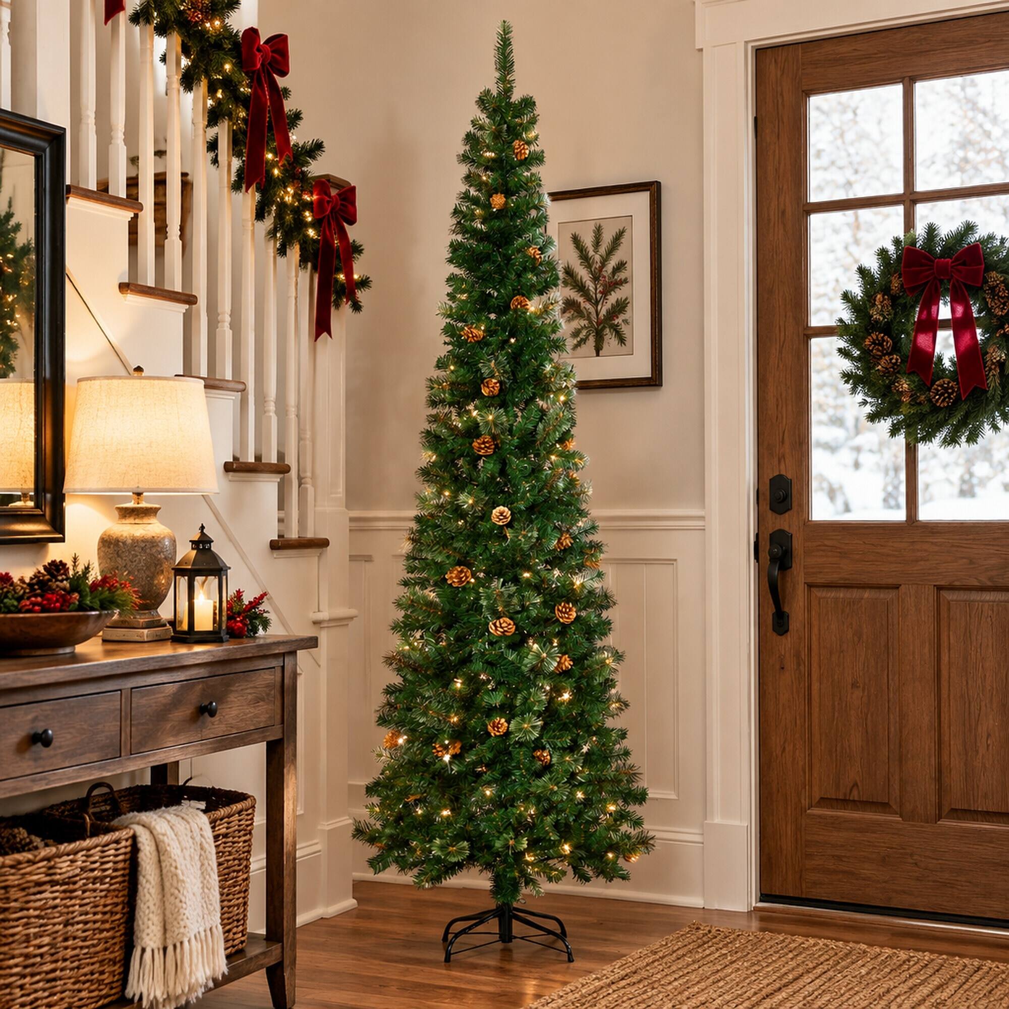 Alt View 1. RYHNUYNE - 7.5 Ft Slim Pencil Green Artificial Christmas Tree With Realistic Pine Needle Branches, Pine Cones Metal Base Decor - Green.