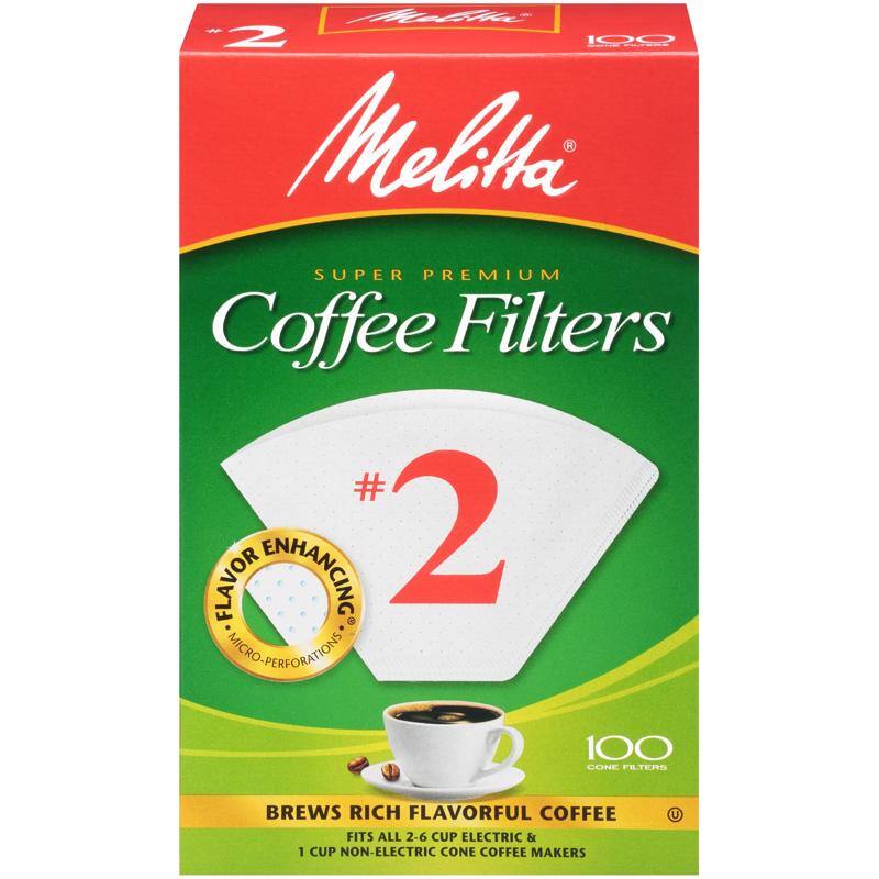 Melitta® SUPER PREMIUM Coffee Filters #2 FLAVOR ENHANCING "2 MICRO-PERFORATIONS 100 CONE FILTERS BREWS RICH FLAVORFUL COFFEE FITS ALL 2-6 CUP ELECTRIC & 1 CUP NON-ELECTRIC CONE COFFEE MAKERS