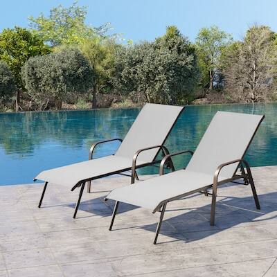 Alt View 6. Crestlive Products - Crestlive Products Set of 2 Brown Metal Frame Adjustbale Chaise Lounge Chair with Texteline Sling Seat - Light Gray.