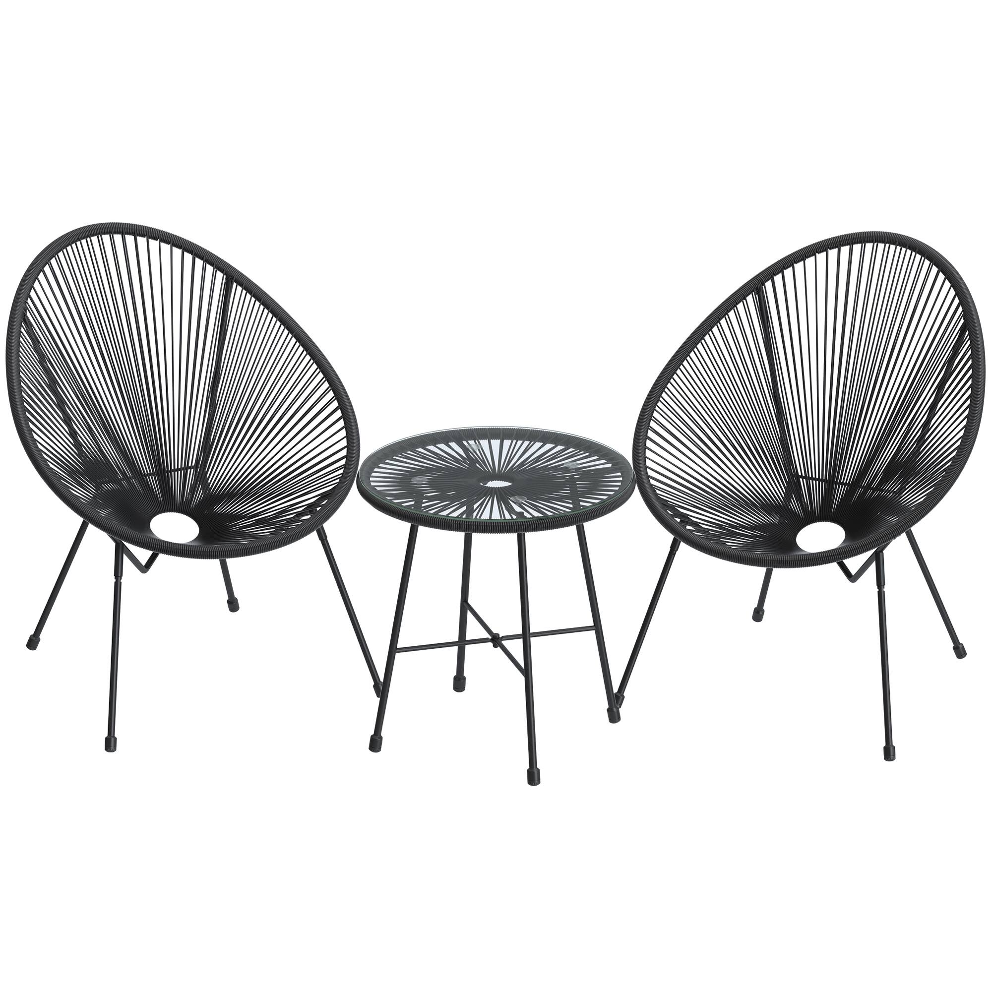Front. Songmics Home - 3-Piece Outdoor Seating Acapulco Chair, Modern Patio Furniture Set, Glass Top Table and 2 Chairs - Ink Black.