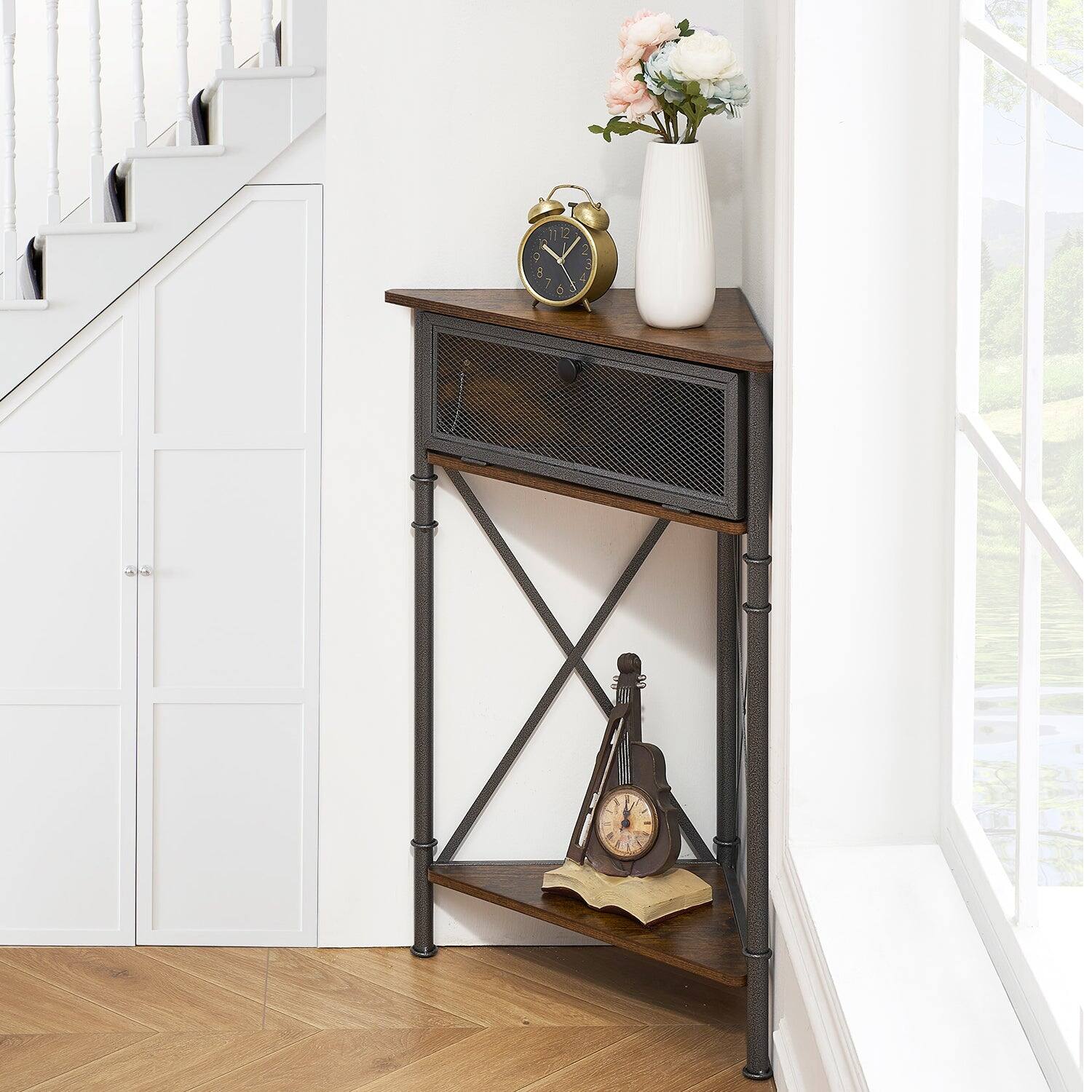 Left. Vecelo - Triangle Corner Storage Cabinet with Doors, Small Corner Cabinet with Shelves for Bathroom, Living Room - Brown.