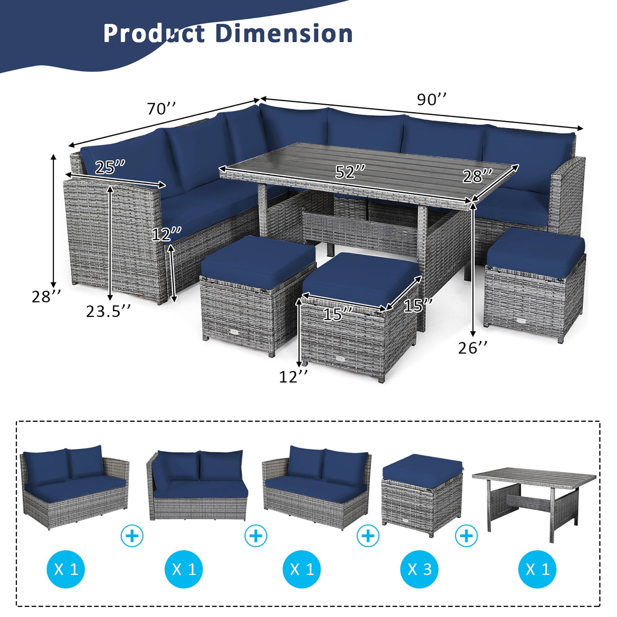 Product Dimension: 70", 90", 25", 52", 28", 12", 28", 23.5", 15", 15", 26", 12"