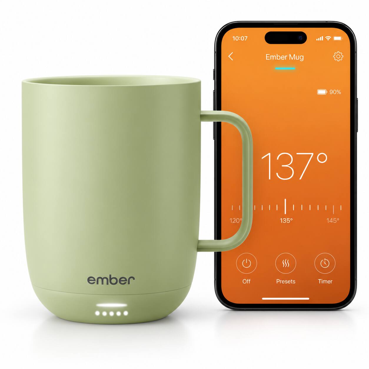 10:07  
Ember Mug  
90%  
137°  
120°  
135°  
145°  
ember  
Off  
Presets  
Timer