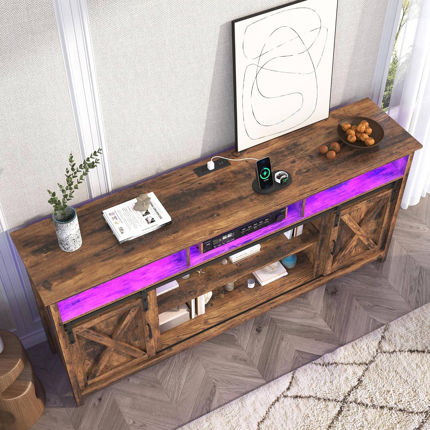 Back. Espafurni - Farmhouse TV Stand with Power Outlet & Sliding Barn Doors – Fits 85–90" TVs, Wood Entertainment Center with Storage - Rustic Brown.
