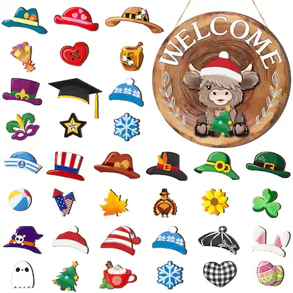 Front. Paradigms Interiors - 35 Christmas Interchangeable Highland Cow Welcome Sign Seasonal Wooden Hanging Door Decor Thanksgiving Farm... - Red Brown.