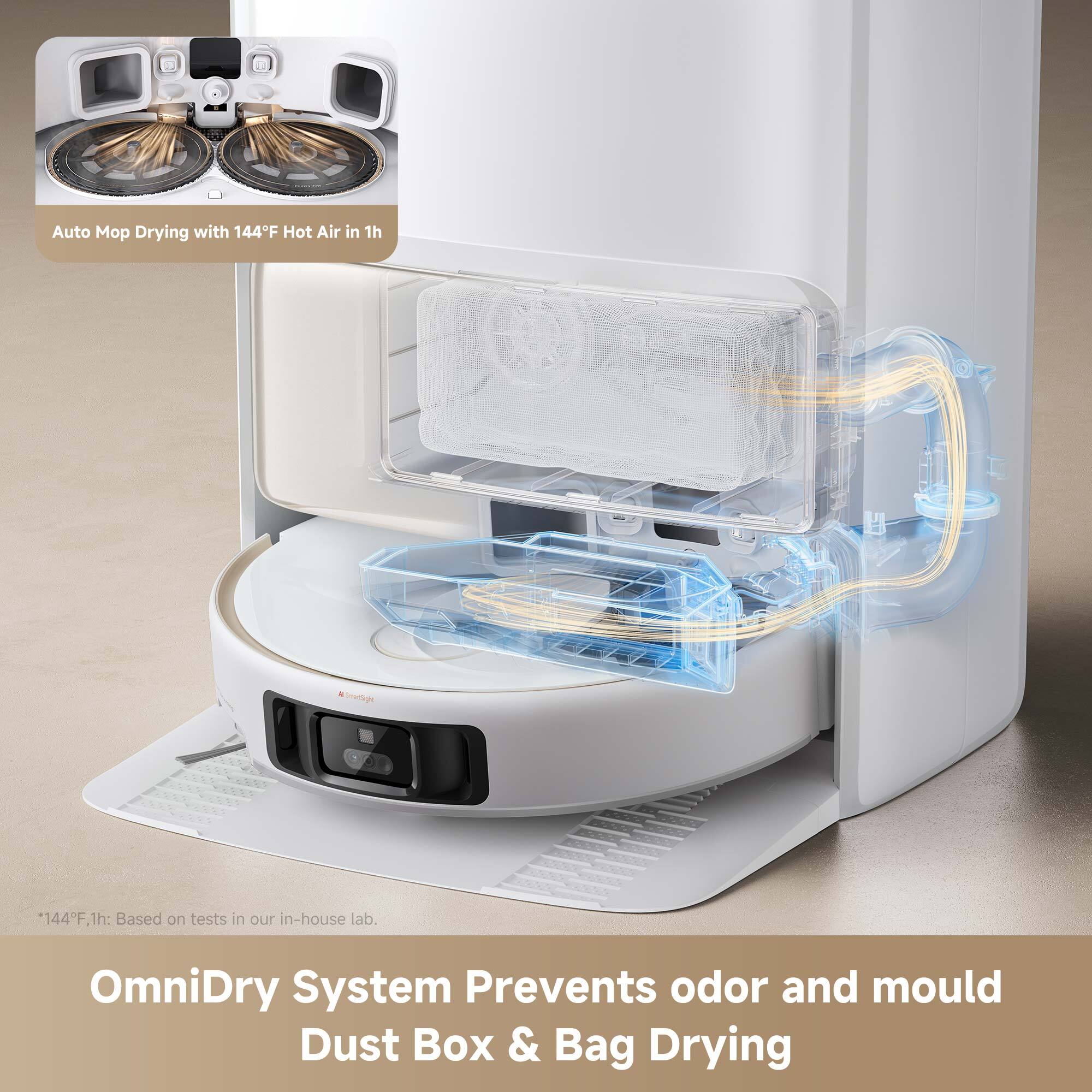 Auto Mop Drying with 144°F Hot Air in 1h
OmniDry System Prevents odor and mould Dust Box & Bag Drying
*144°F, 1h: Based on tests in our in-house lab.