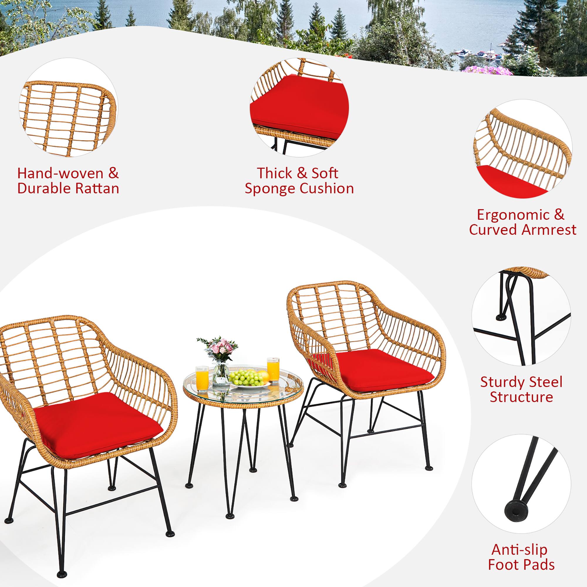 Hand-woven & Durable Rattan, Thick & Soft Sponge Cushion, Ergonomic & Curved Armrest, Sturdy Steel Structure, Anti-slip Foot Pads