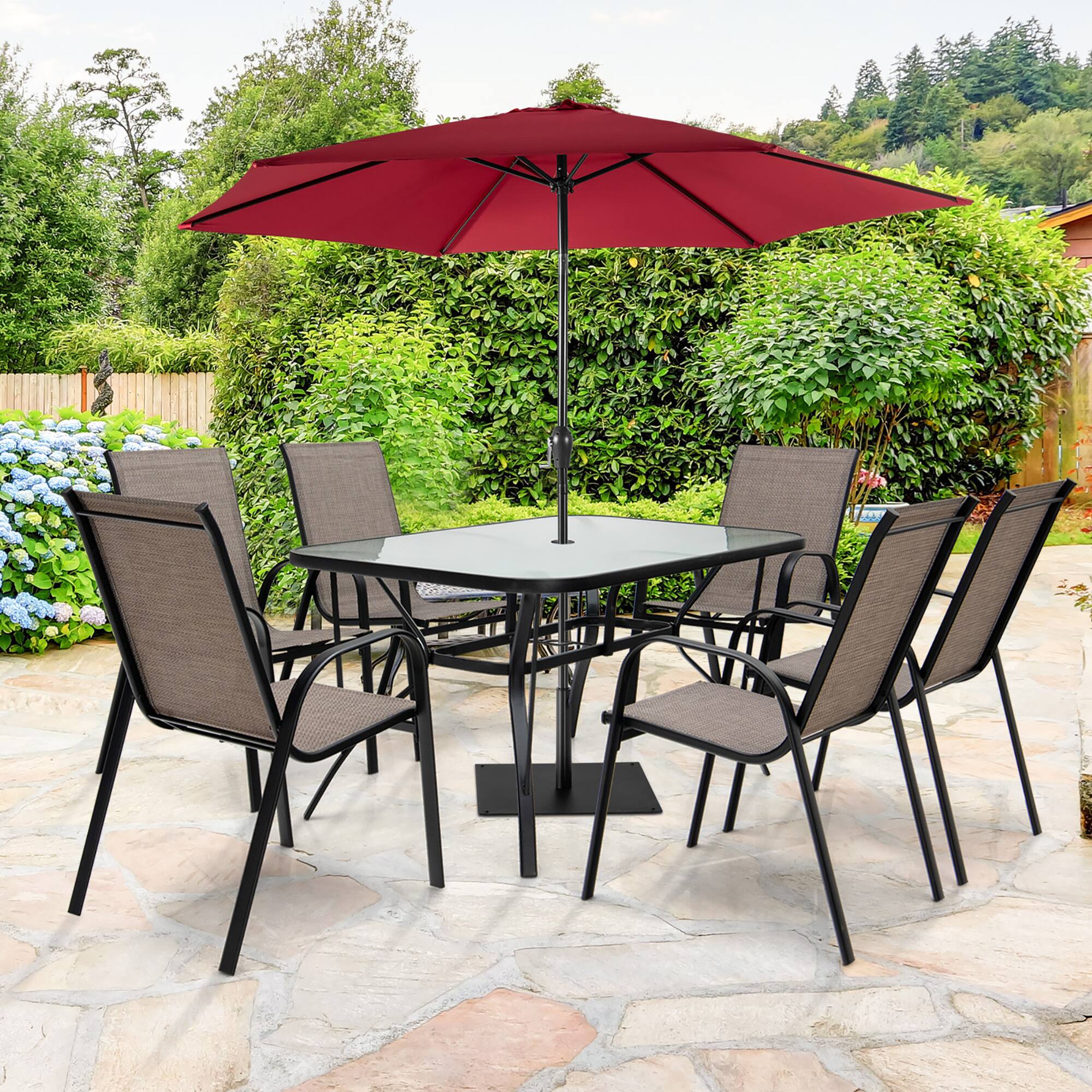 Alt View 2. Costway - Costway 7PCS Patio Dining Set 6 Stackable Chairs Glass Table Umbrella Hole Yard - Brown,Black.