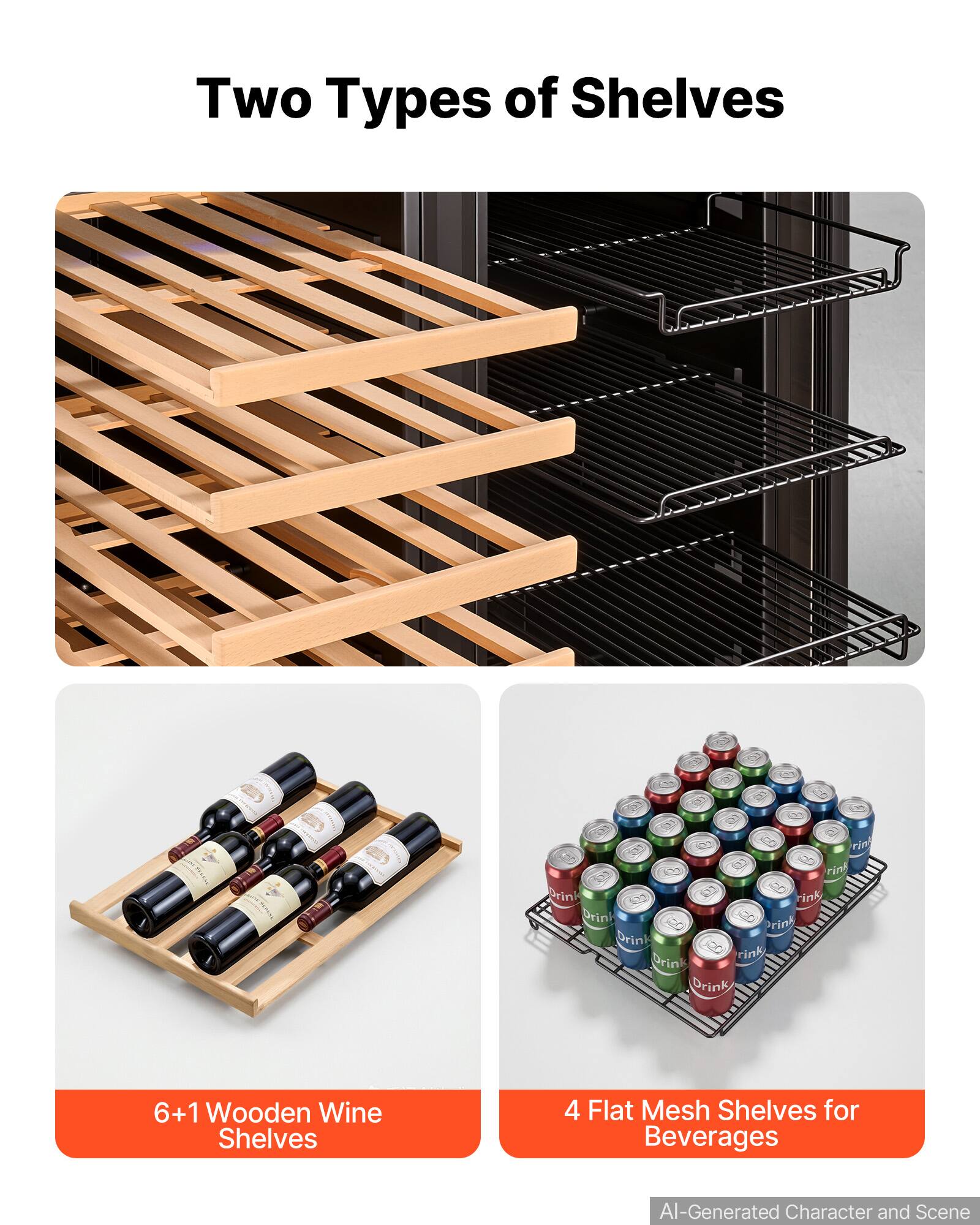 Two Types of Shelves

6+1 Wooden Wine Shelves

4 Flat Mesh Shelves for Beverages

AI-Generated Character and Scene