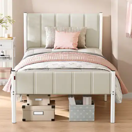 Front. Songmics Home - Twin Bed Frame with Upholstered Headboard, Metal Bed Frame Twin Size with Footboard, 550 lb Weight Capacity, Steel Slats - Cappuccino Beige.