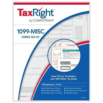 TaxRight by COMPLYRIGHT

Copy 8 For
1099-MISC FORMS TAX KIT 18
5 S
De
CORR
Laser Forms, Envelopes, and 1099-MISC Tip Sheet
10 Employees 4 Part MSC Copy Sheets) Copy 8 IS Sheets) 1099 MSC Copy 2/1 2wa)
1096 Transmittal (3 Sheets 1099 MSC Envelopes (10) 1099 MSC Tip
MISC
CANQUETO