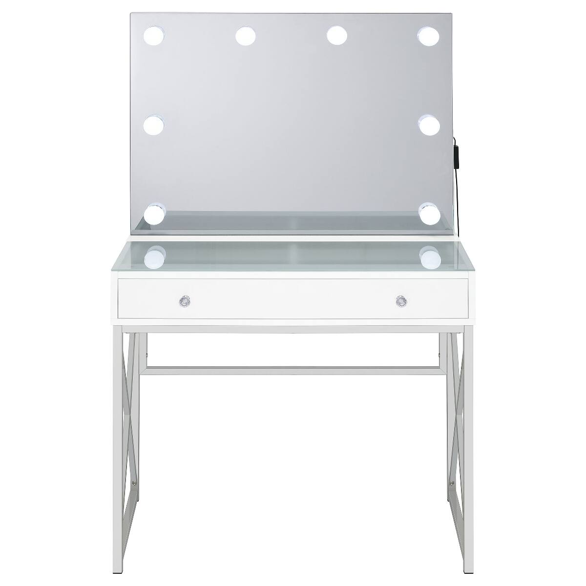 Back. Loheer - Loheer White Makeup Vanity Set with Mirror and Stool, Lighted Globe Mirror and Drawer - White.