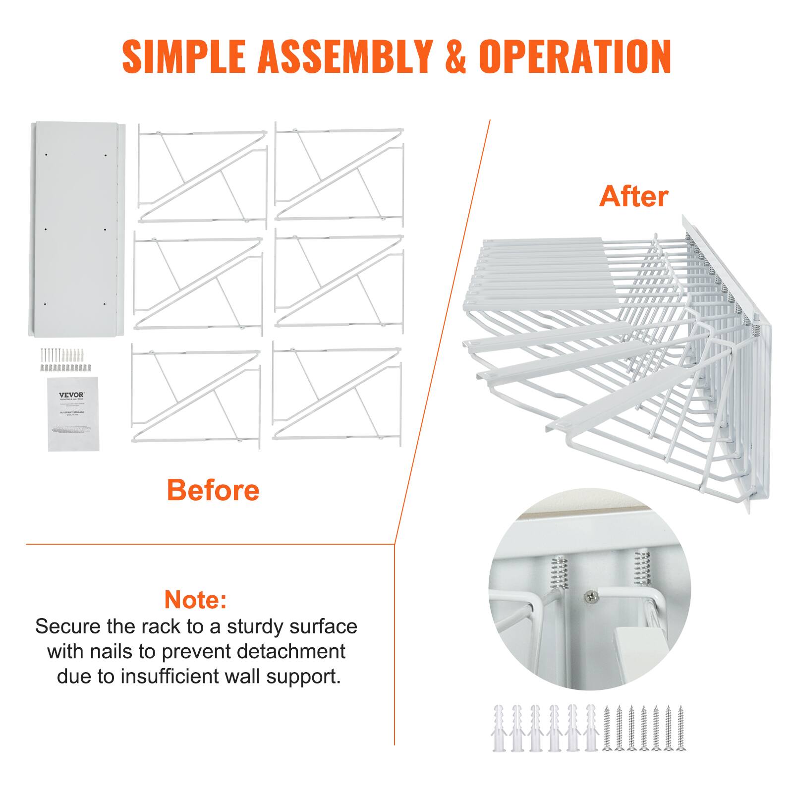 SIMPLE ASSEMBLY & OPERATION

Before

After

Note:
Secure the rack to a sturdy surface with nails to prevent detachment due to insufficient wall support.