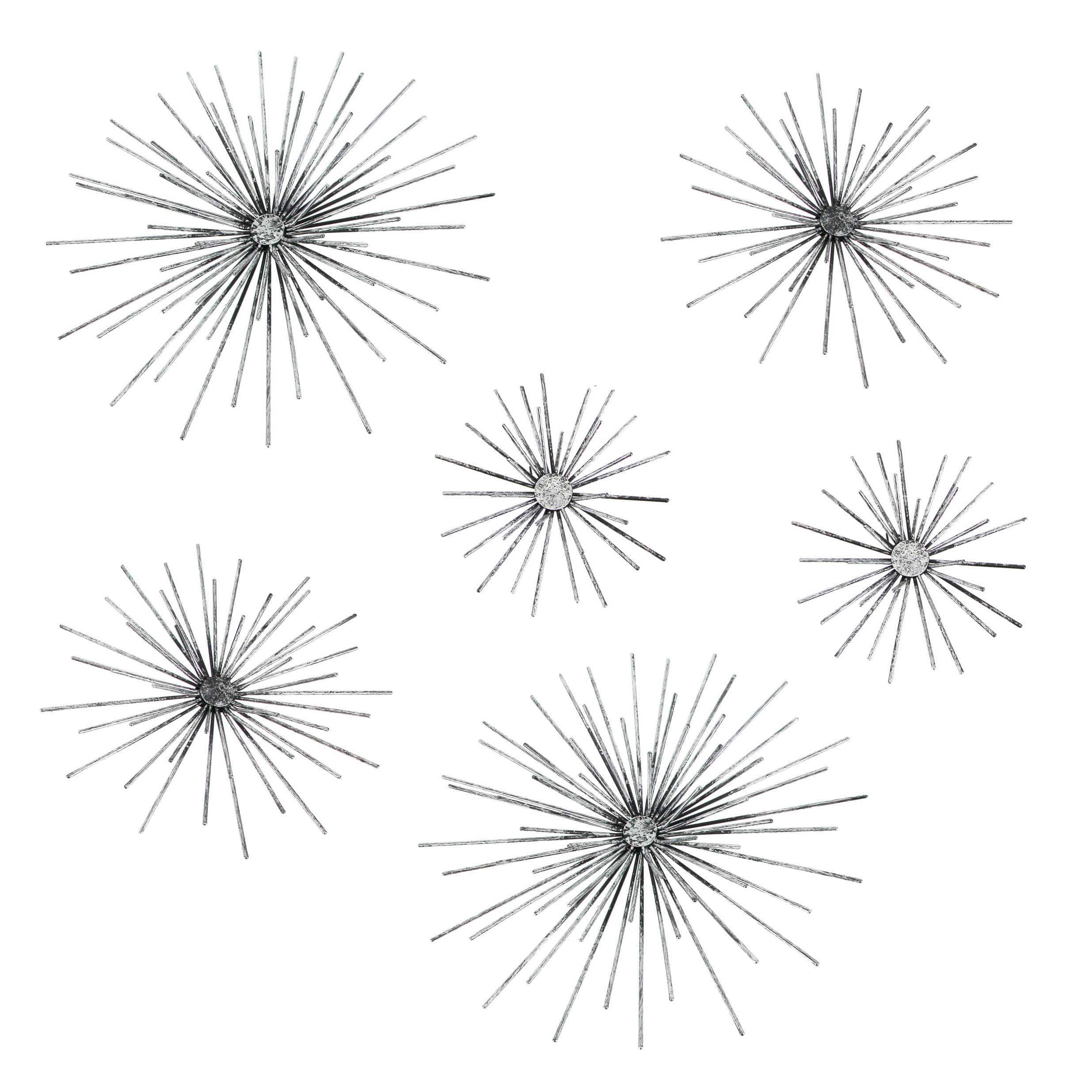 Zeckos - Aged Finish Mid-Century Modern Atomic Star Burst Wall Sculptures Set of 6 - Silver