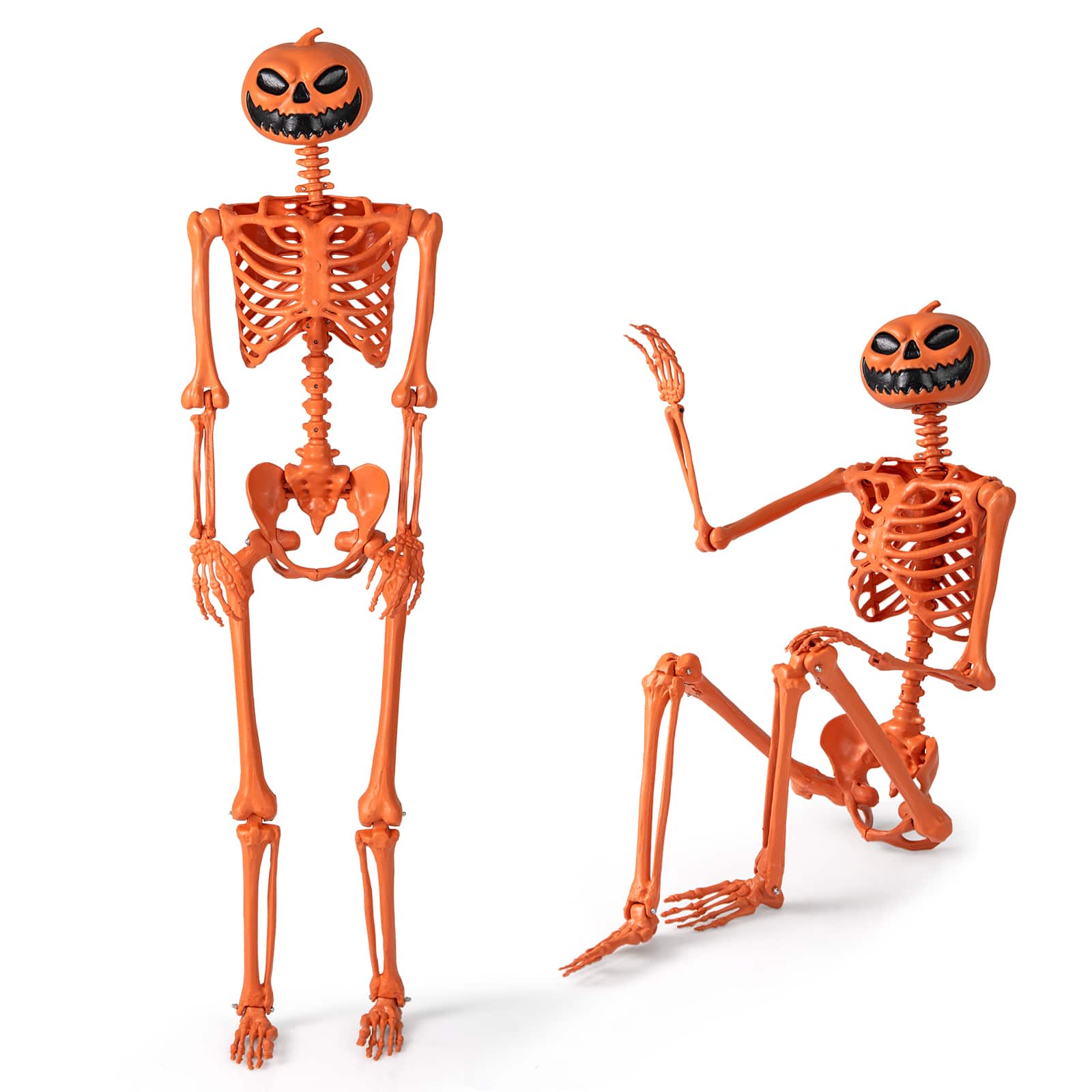 Costway - 5.2FT Poseable Halloween Skeleton Life-Size Decoration with Pumpkin Head - Orange