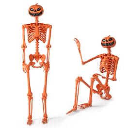 Costway - 5.2FT Poseable Halloween Skeleton Life-Size Decoration with Pumpkin Head - Orange
