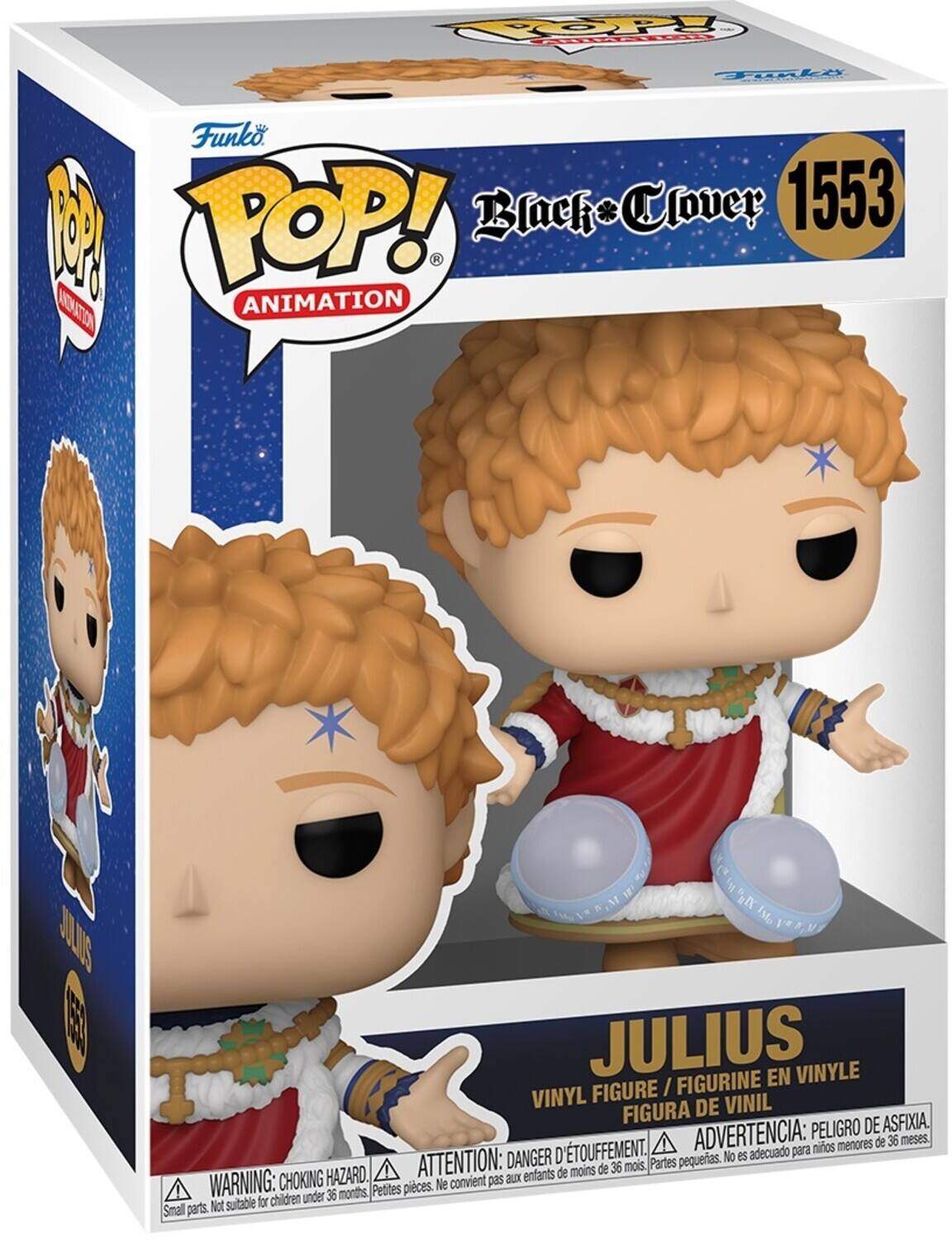 Sure, here is the corrected and grouped text from the image:

---

**Funko POP! Animation**

**Black Clover 1553**

**JULIUS**

VINYL FIGURE / FIGURINE EN VINYLE / FIGURA DE VINIL

**WARNING: CHOKING HAZARD.** Small parts. Not suitable for children under 36 months.

**ATTENTION: DANGER D'ÉTOUFFEMENT.** Petites pièces. Ne convient pas aux enfants de moins de 36 mois.

**ADVERTENCIA: PELIGRO DE ASFIXIA.** Partes pequeñas. No es adecuado para niños menores de 36 meses.

---

This text includes the product name, character name, and the warning labels in English, French, and Spanish.
