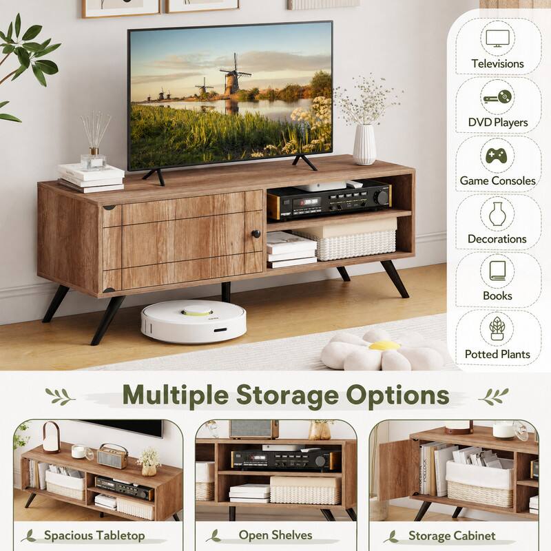 - Televisions
- DVD Players
- Game Consoles
- Decorations
- Books
- Potted Plants
- Multiple Storage Options
- Spacious Tabletop
- Open Shelves
- Storage Cabinet