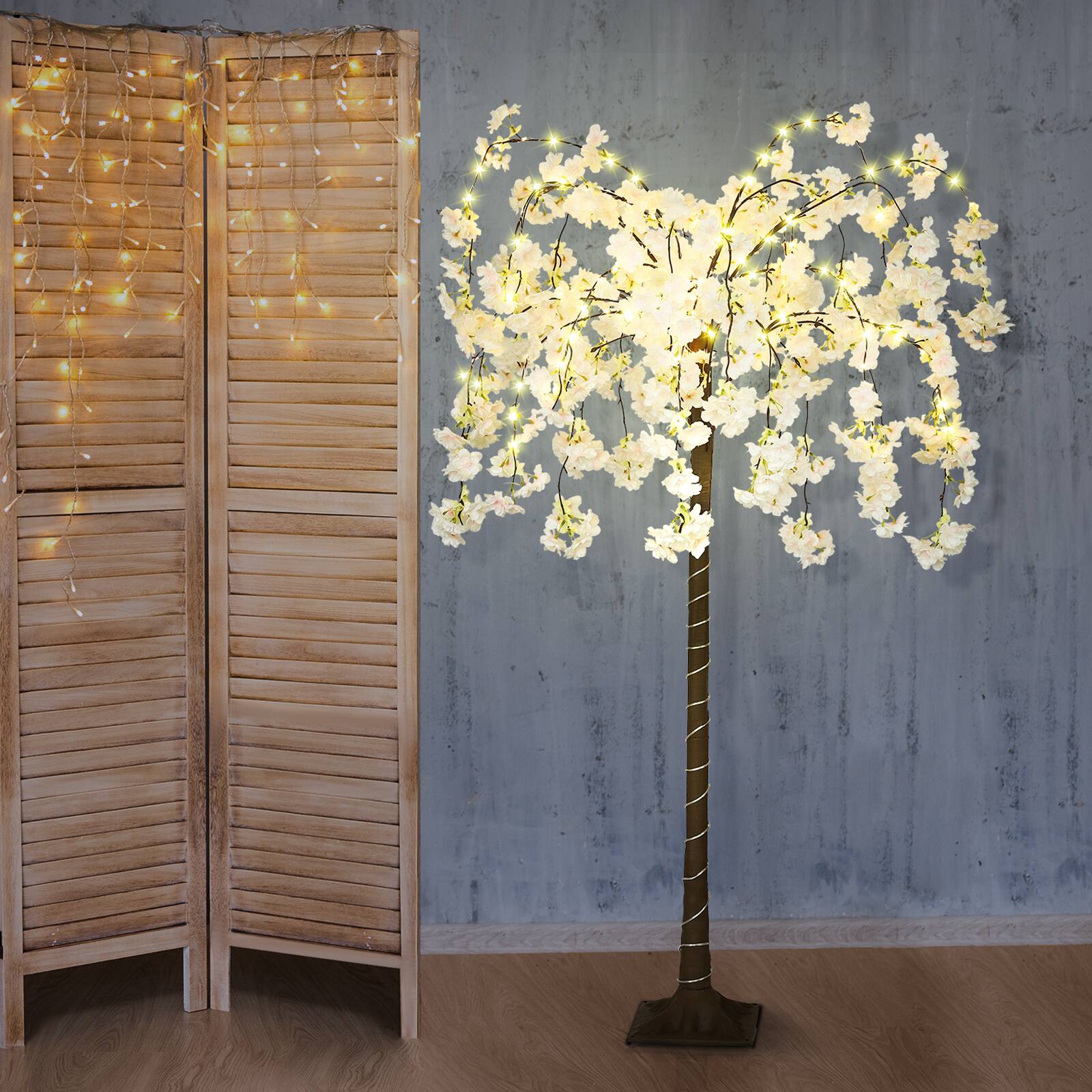 Alt View 1. Oumilen - 4FT Lighted Weeping Cherry Blossom Tree, Plug-in Waterproof Artificial Flower Tree Lamp for Home Wedding Party Decor - White.