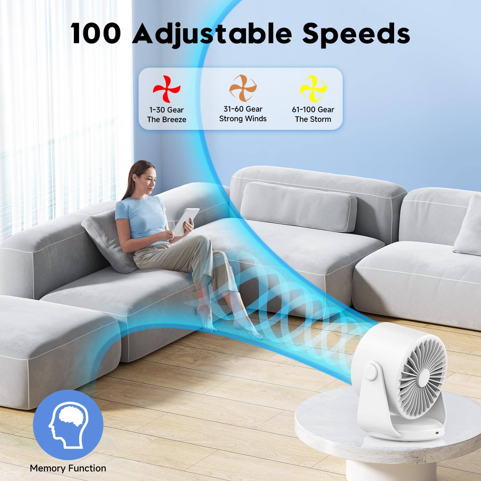 100 Adjustable Speeds

1-30 Gear: The Breeze  
31-60 Gear: Strong Winds  
61-100 Gear: The Storm  

Memory Function