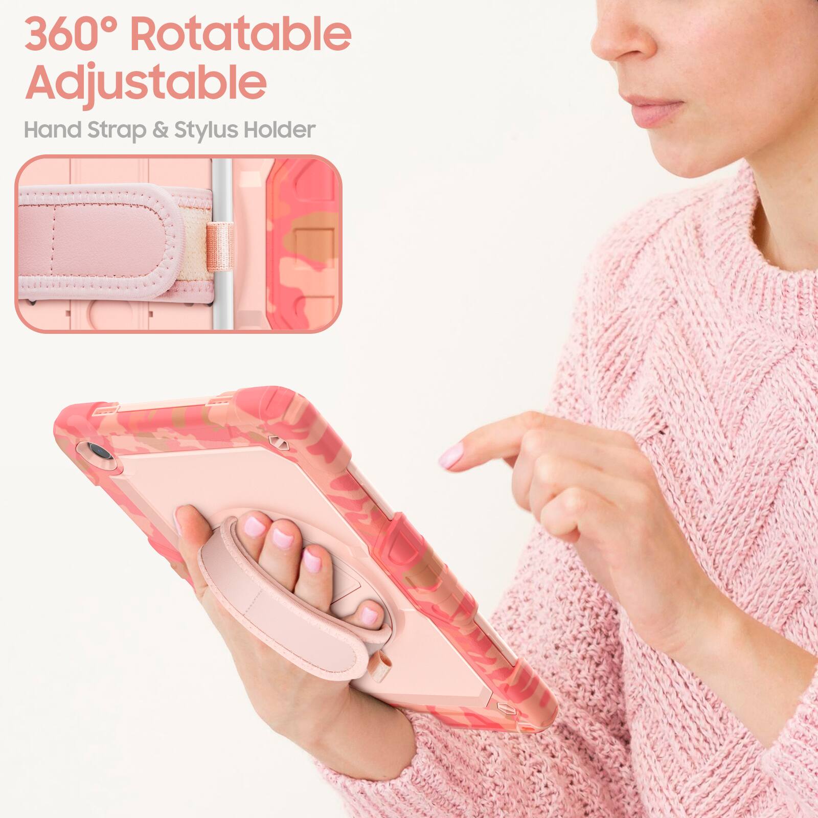 360° Rotatable Adjustable  
Hand Strap & Stylus Holder