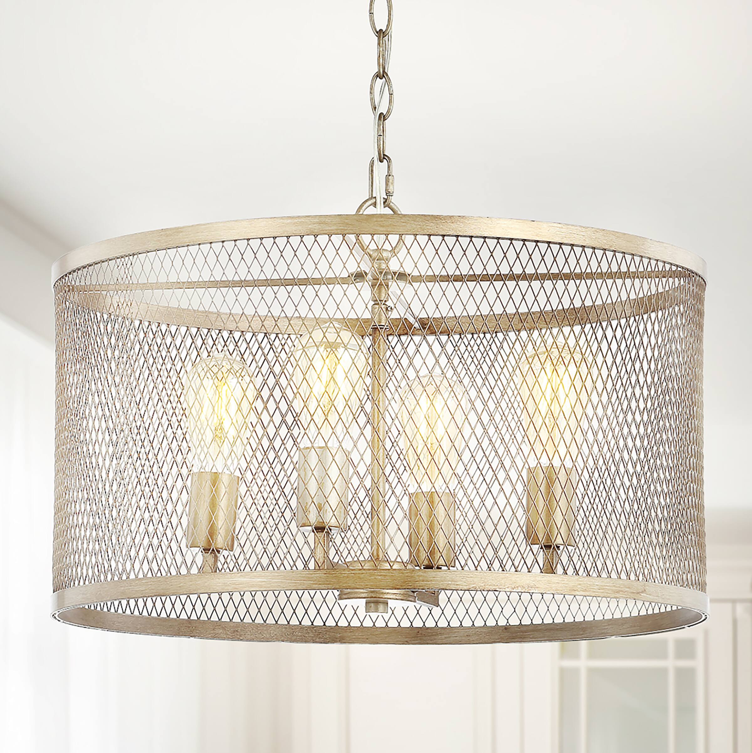 Alt View 1. Jonathan Y - Pen 4-Light 20" Iron Adjustable Industrial Mesh LED Pendant, Gold - Antique Gold.