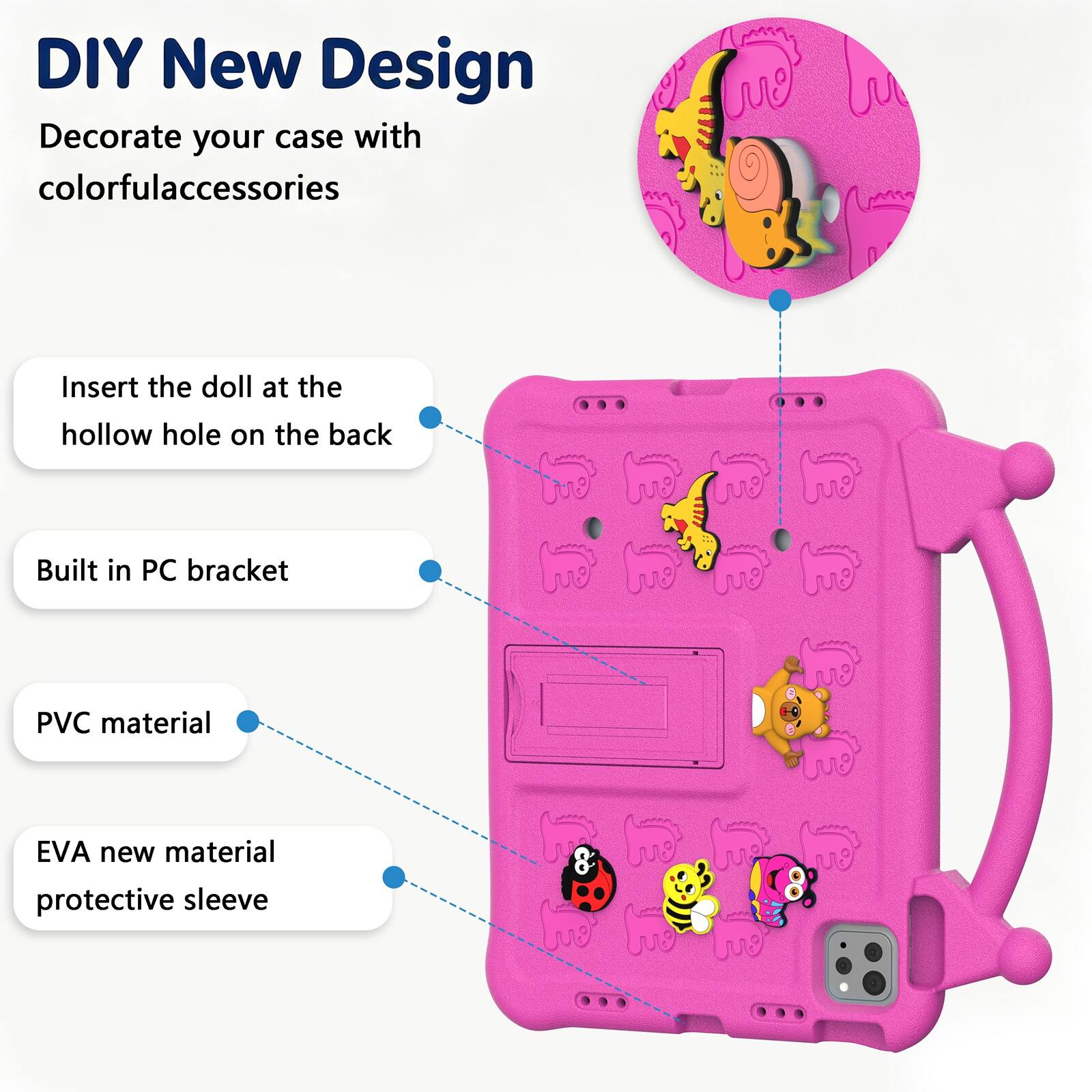 DIY New Design  
Decorate your case with colorful accessories

- Insert the doll at the hollow hole on the back
- Built in PC bracket
- PVC material
- EVA new material protective sleeve
