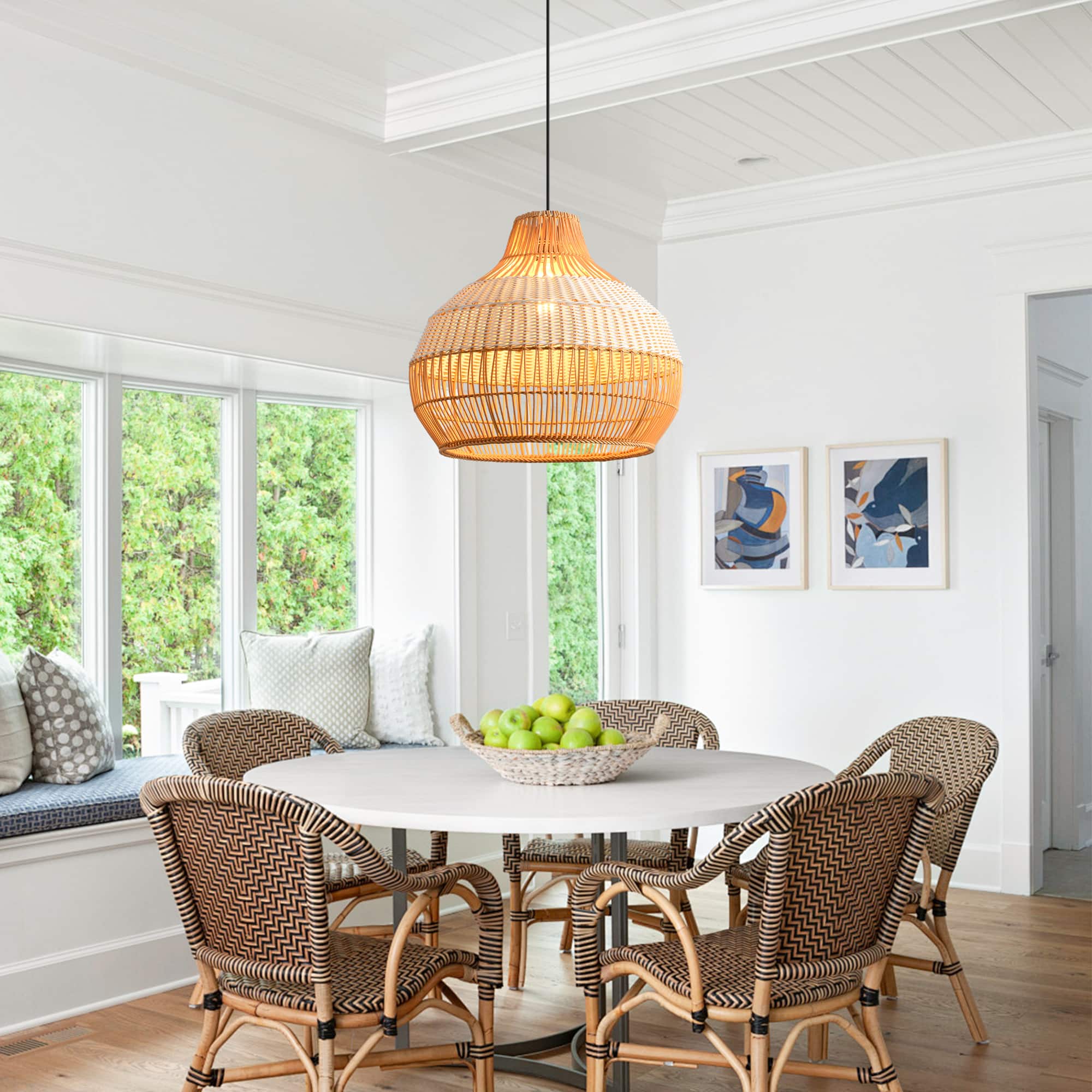 Parrot Uncle - 1-Light Retro Rattan Hand-Woven Dome Hanging Pendant Light - Brown