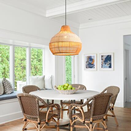 Front. Parrot Uncle - 1-Light Retro Brown Rattan Hand-Woven Dome Hanging Pendant Light - Brown.