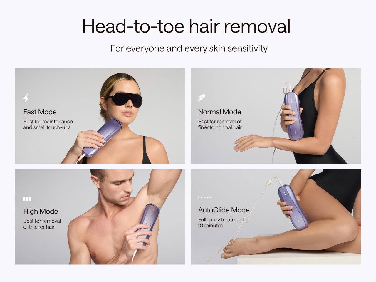 Head-to-toe hair removal  
For everyone and every skin sensitivity

Fast Mode  
Best for maintenance and small touch-ups

Normal Mode  
Best for removal of finer to normal hair

High Mode  
Best for removal of thicker hair

AutoGlide Mode  
Full-body treatment in 10 minutes