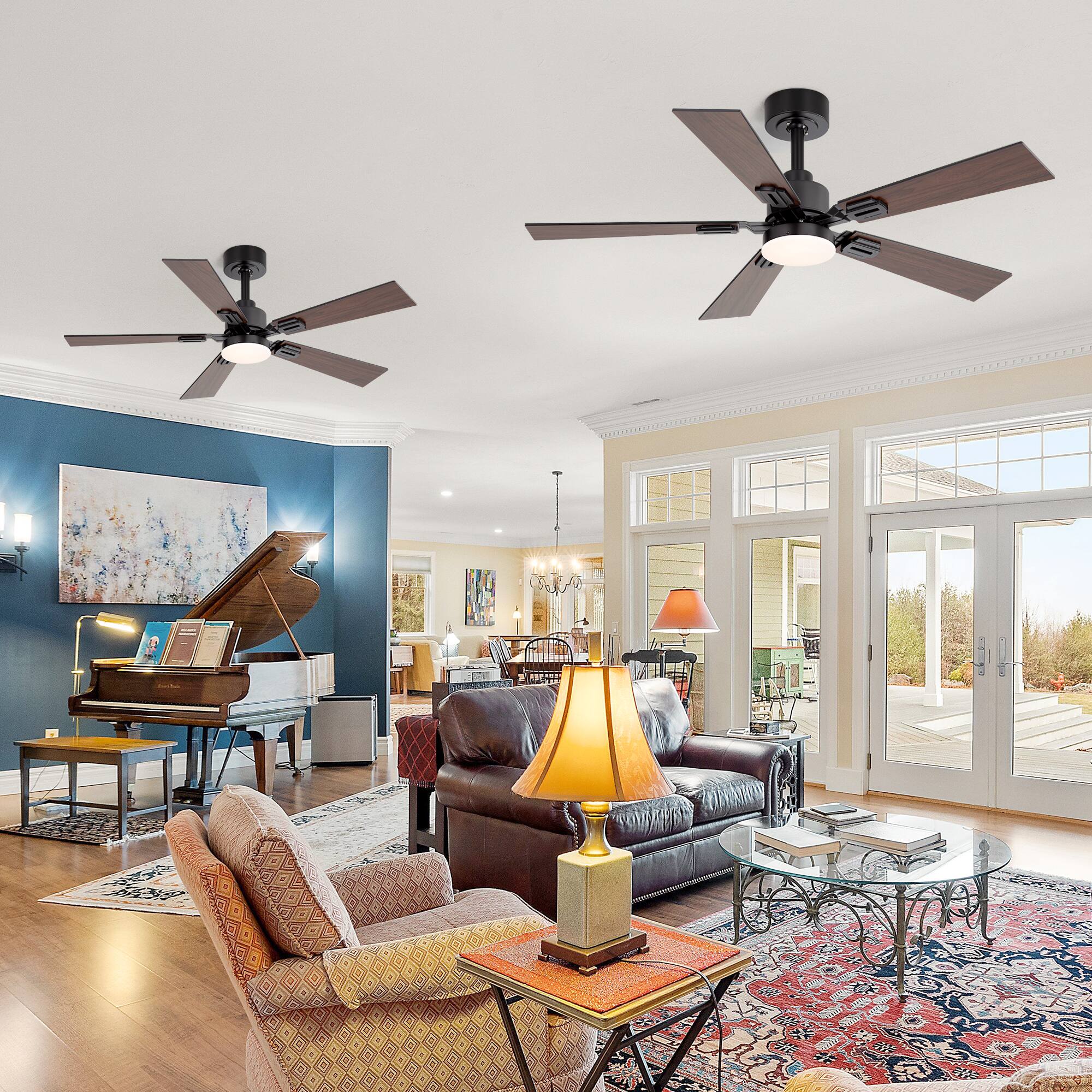 Alt View 1. Breezary - Breezary 42" 2-Pack Ceiling Fan with 5 Dual-Finish Blades, 3-Color Light, DC Motor, Remote, Timer with Memory Function - Matte Black and Dark Walnut Color.