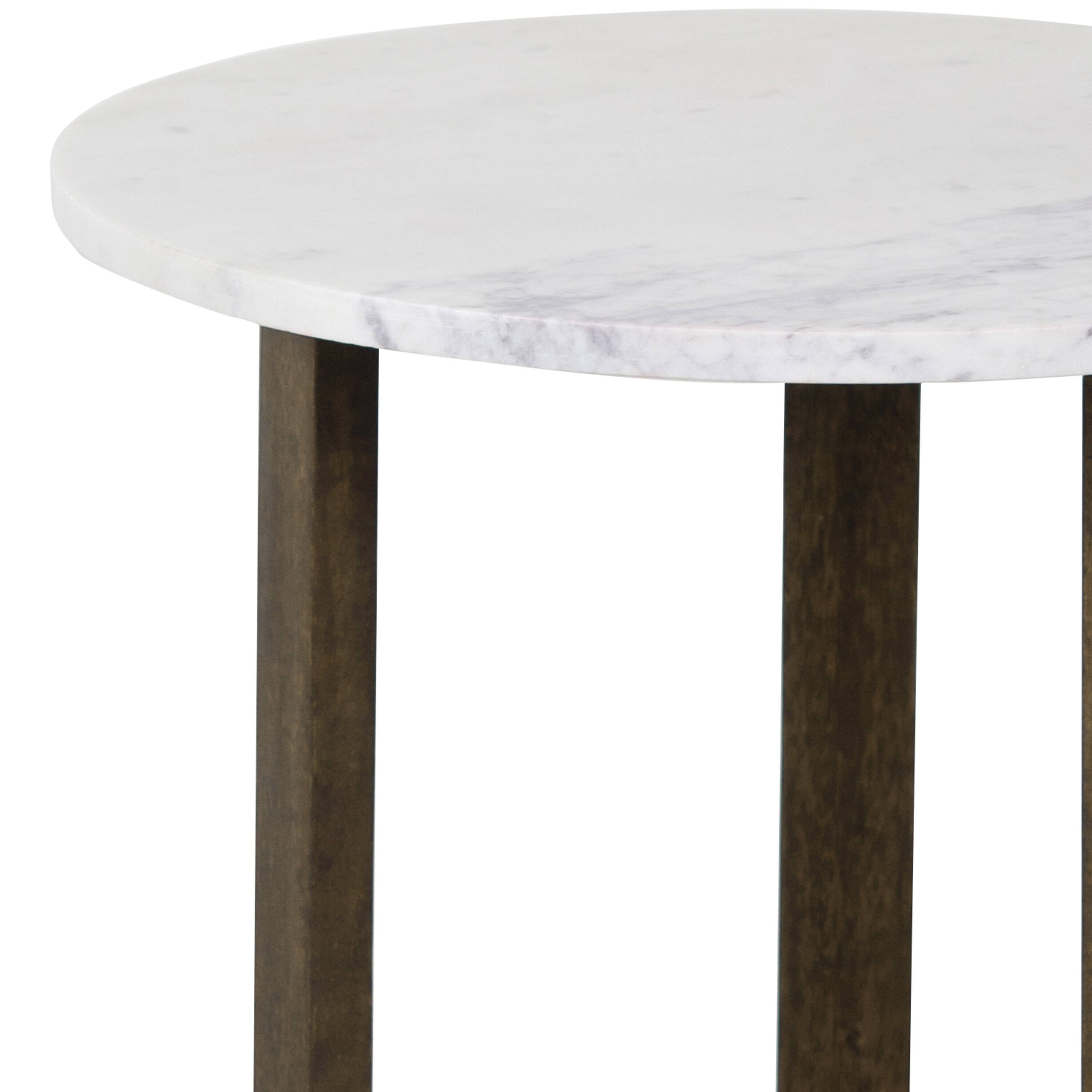 Alt View 4. Manhattan Lane - Fina Side End Table, 20 Inch Round White Genuine Marble Top, Natural Brown Mango Wood 3 Leg Sled Base - White, Natural Brown.