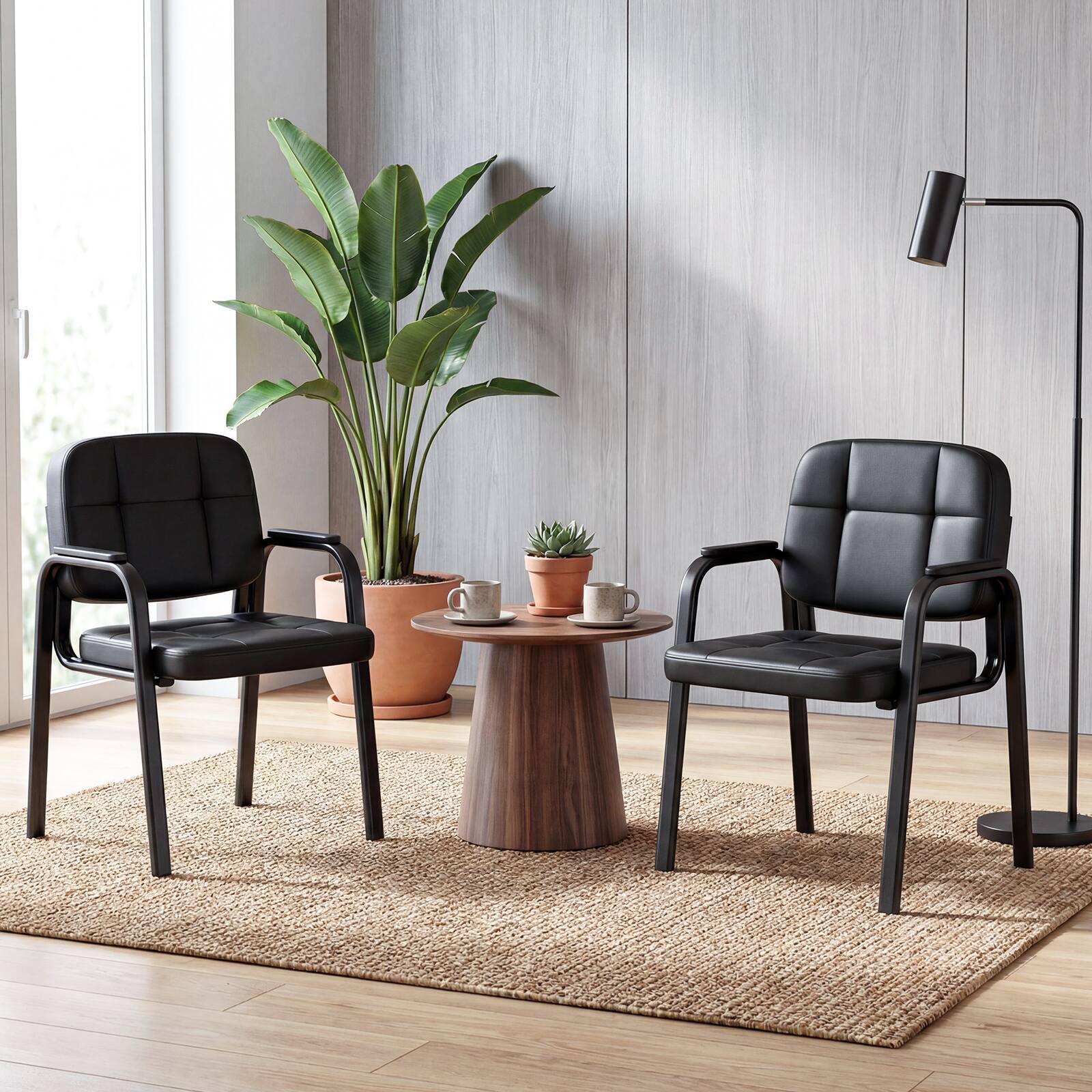 Alt View 1. Costway - Costway Leather Office Reception Chairs Set of 6 withPadded Armrests, Metal Frame for Home - Black.