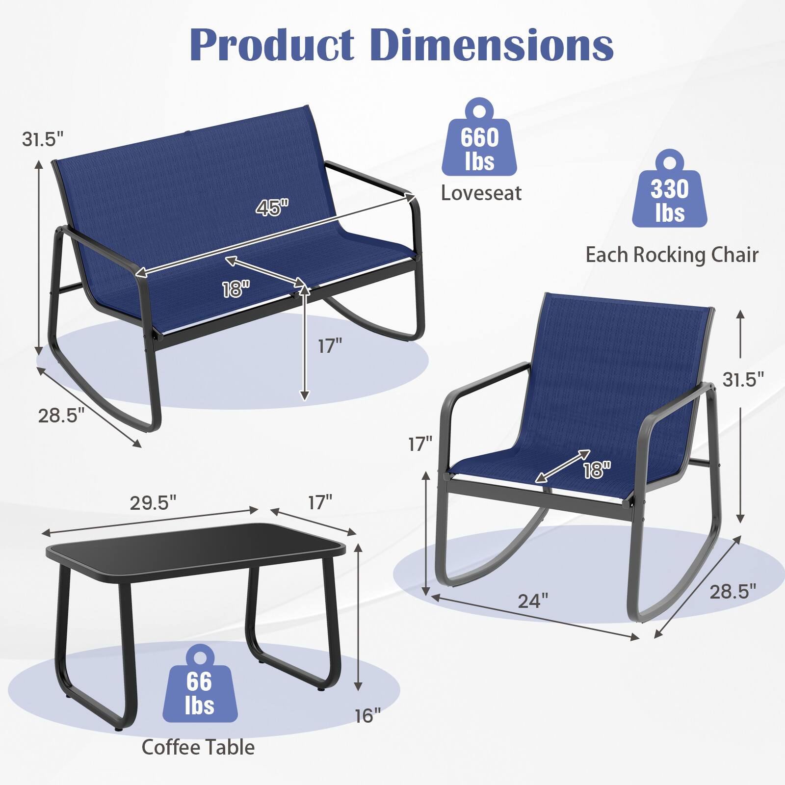 Product Dimensions:
- Loveseat: 31.5" x 45" x 660 lbs
- Each Rocking Chair: 330 lbs, 18" x 29.5" x 28.5"
- Coffee Table: 16" x 66 lbs