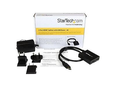 StarTech.com  
Hard-to-find made easy

2-Port HDMI Splitter with USB Power - 4K

Features & Benefits:
- Split a single HDMI source to two displays
- Supports 4K resolution
- USB power for convenient installation

Included Accessories:
- HDMI Splitter
- USB Power Adapter
- HDMI Cable
- Mounting Bracket
- Mounting Screws

Technical Specifications:
- HDMI Input: 1 x HDMI
- HDMI Outputs: 2 x HDMI
- Supports 4K@30Hz
- USB Power Input: 5V/2A
- Dimensions: 2.5" x 1.5" x 0.75"